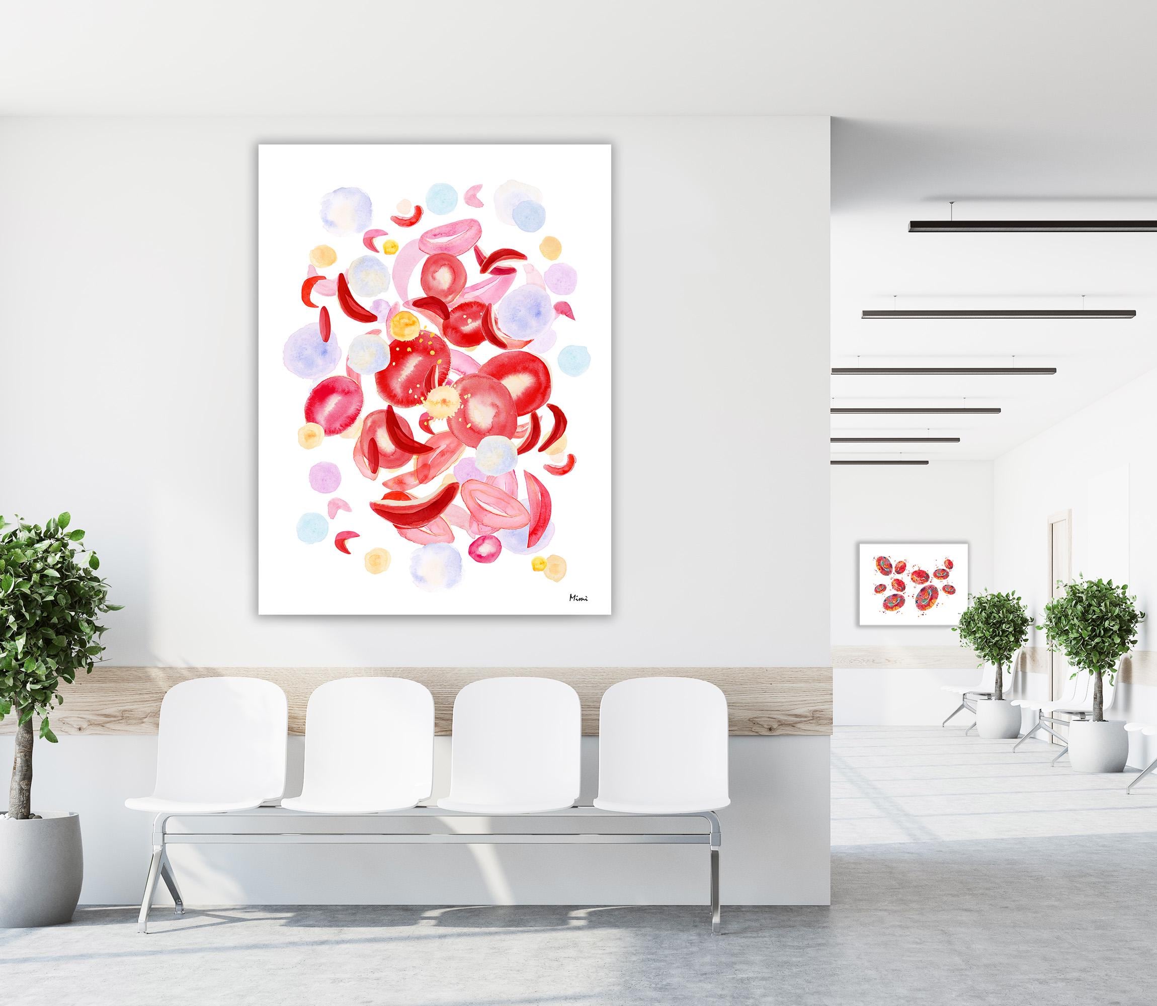 Modern biology lab interior with a colorful sickle cell anemia hematology print hanging in the waiting room