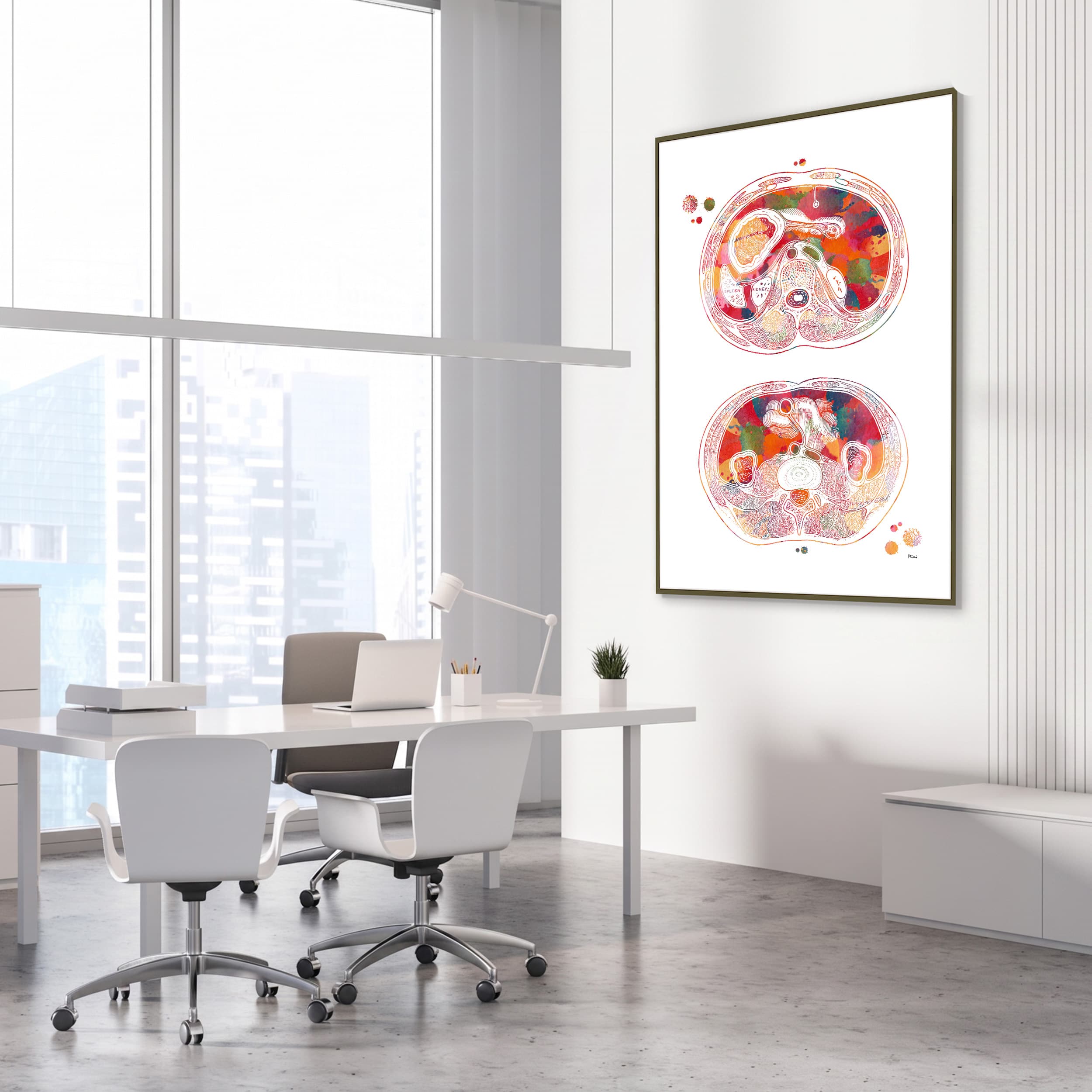 Framed abdomen cross-section watercolor print in a gastroenterology clinic