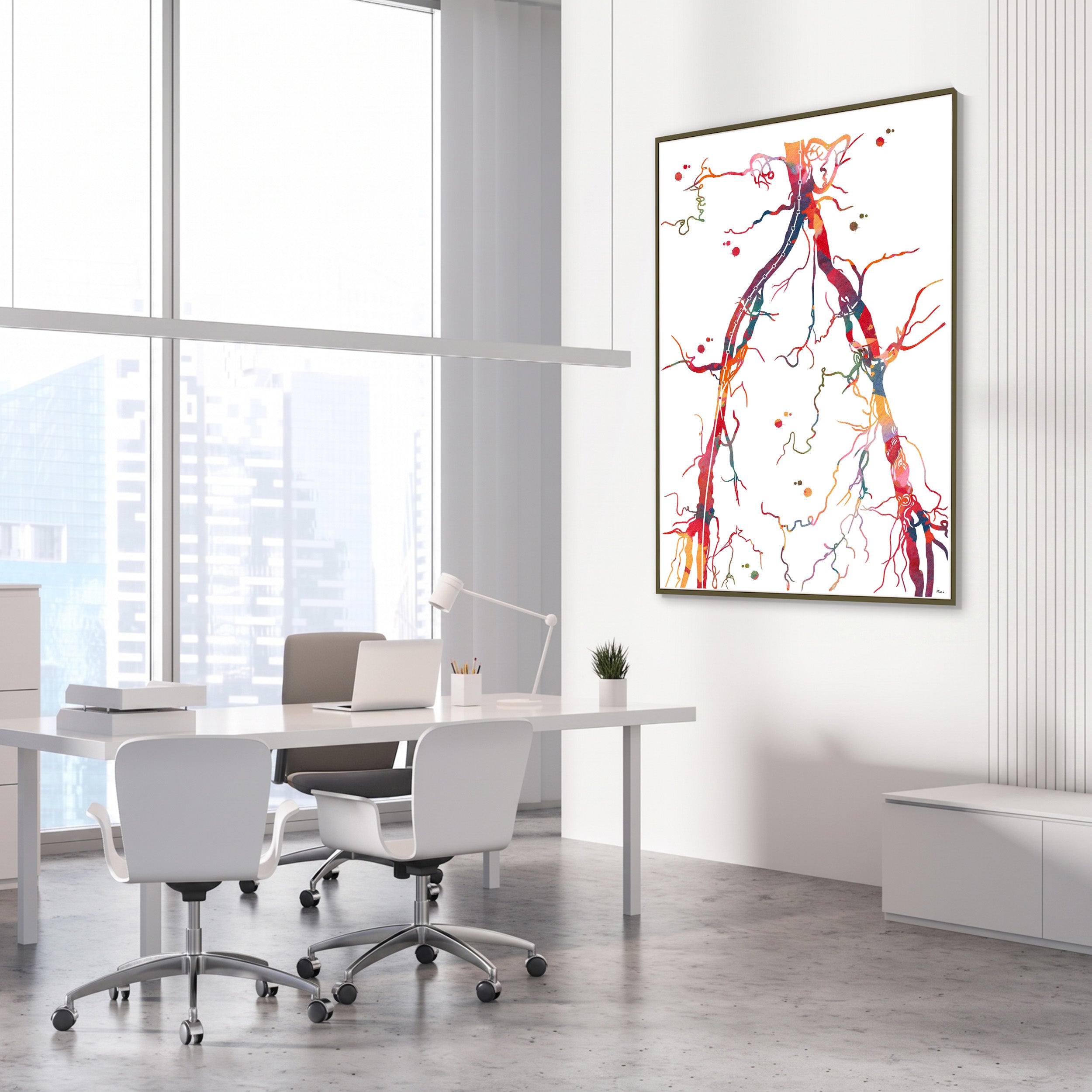 Framed abdominal aorta and pelvic arteries angiogram watercolor print in a vascular clinic