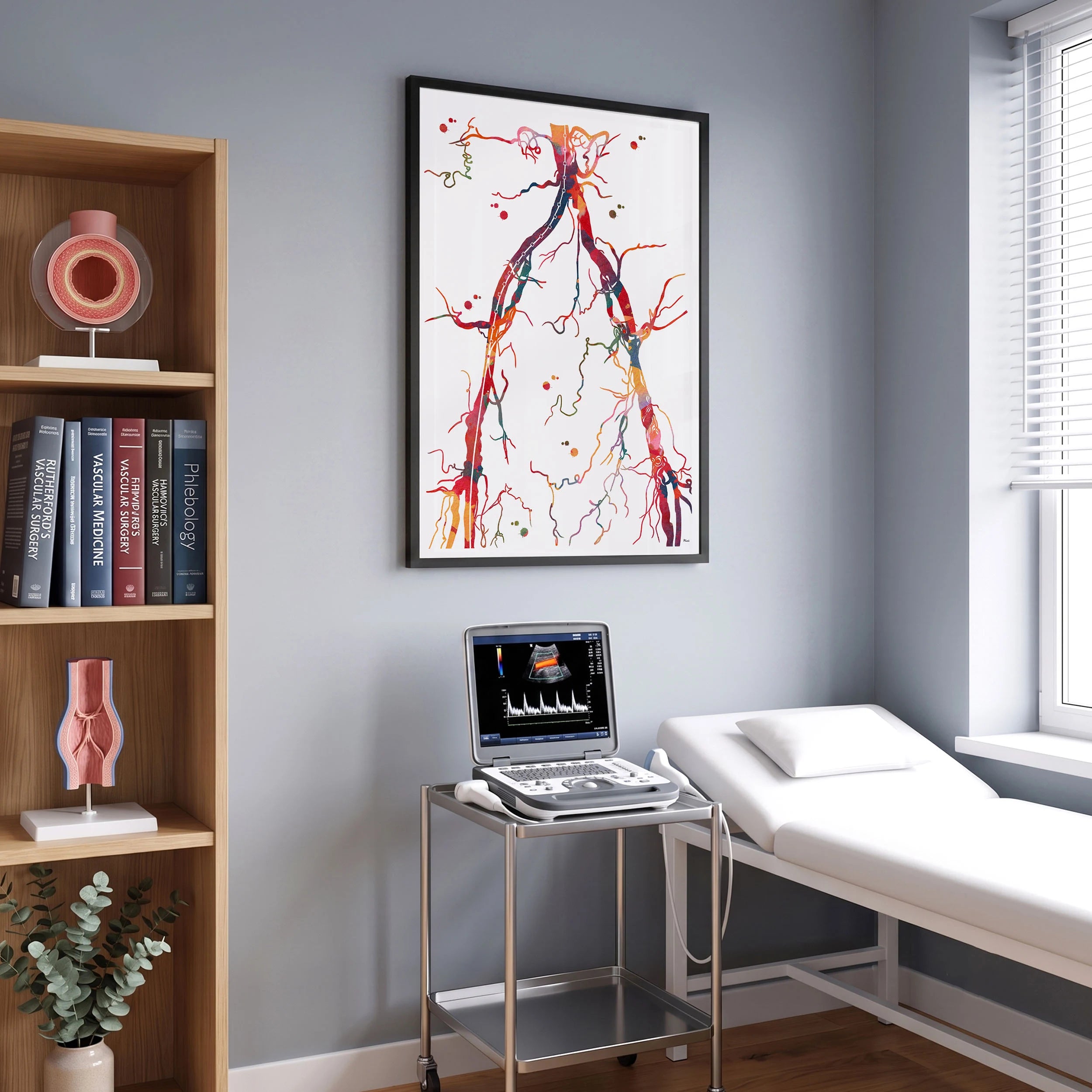Framed abdominal aorta and pelvic arteries angiogram watercolor print in a vascular clinic