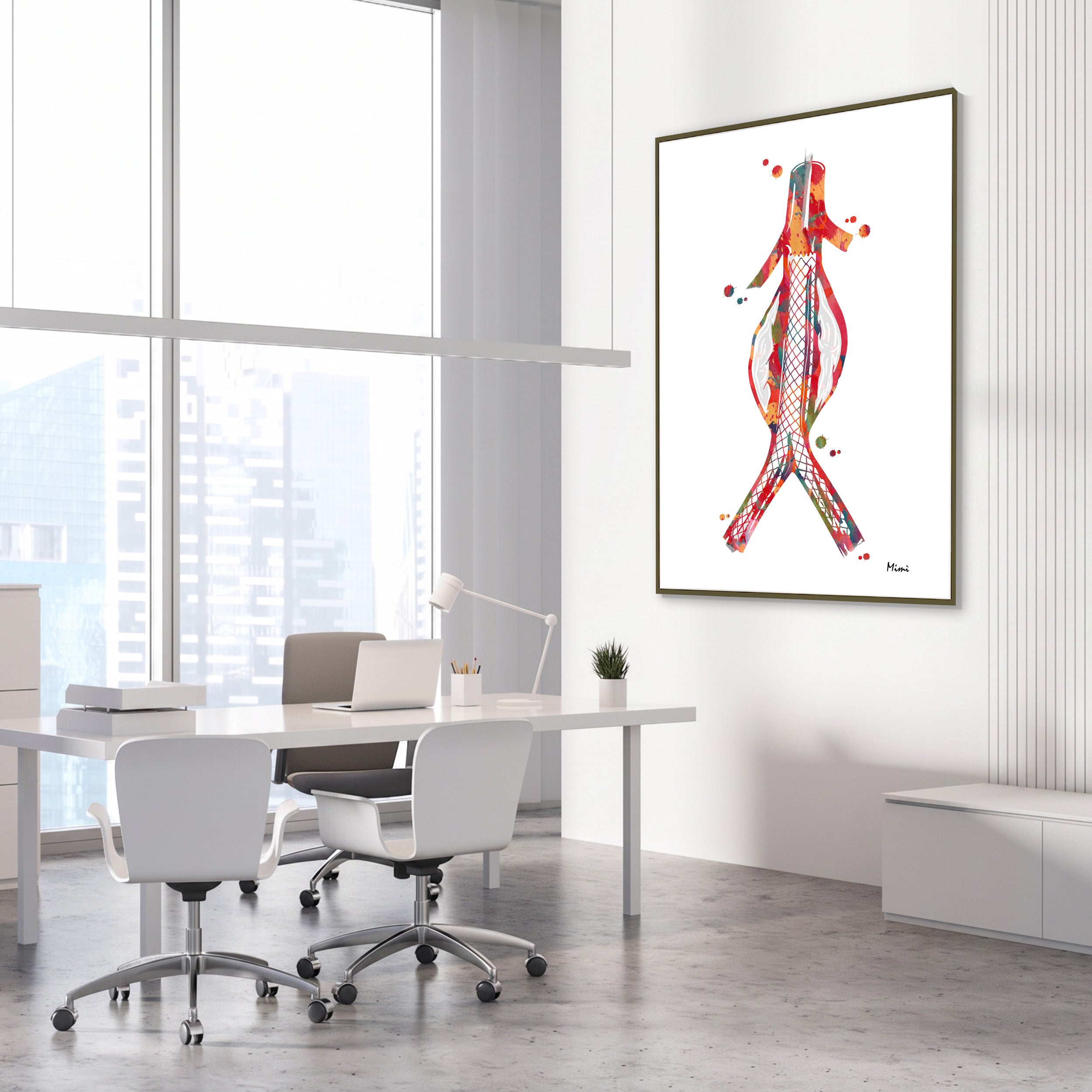 Framed abdominal aortic stent watercolor print in a vascular clinic