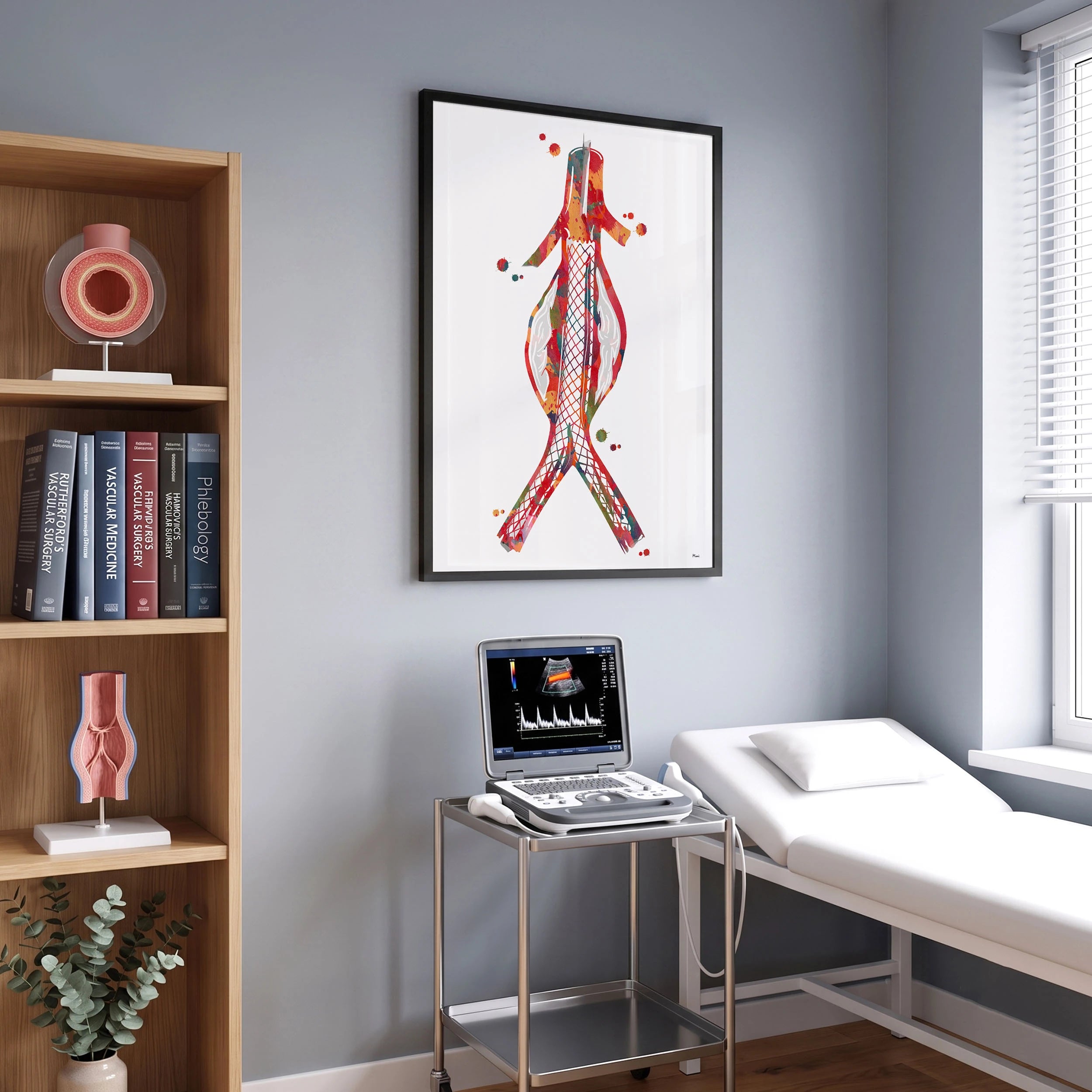 Framed abdominal aortic stent watercolor print in a vascular clinic