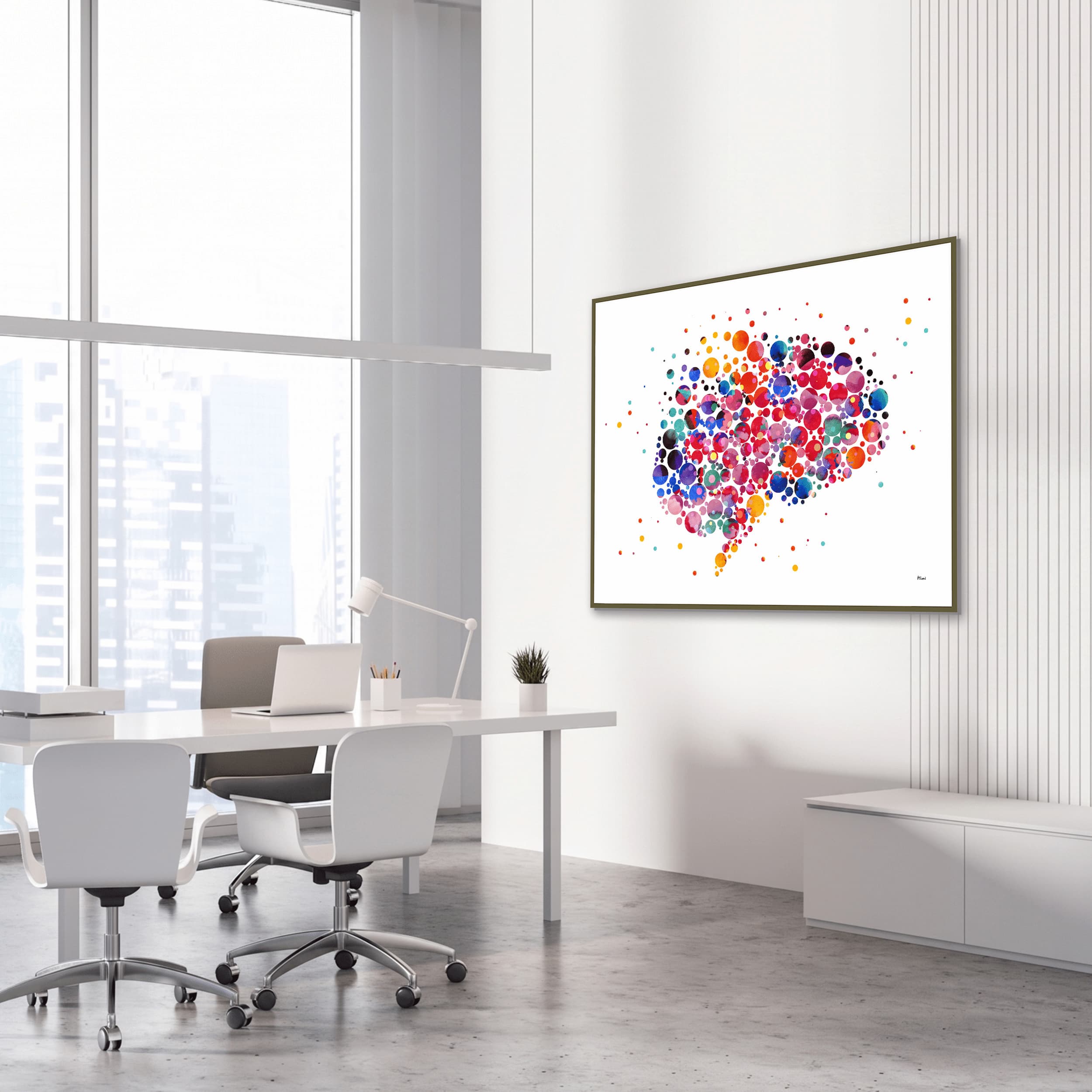 Framed abstract brain and neuroscience watercolor print in a medical clinic
