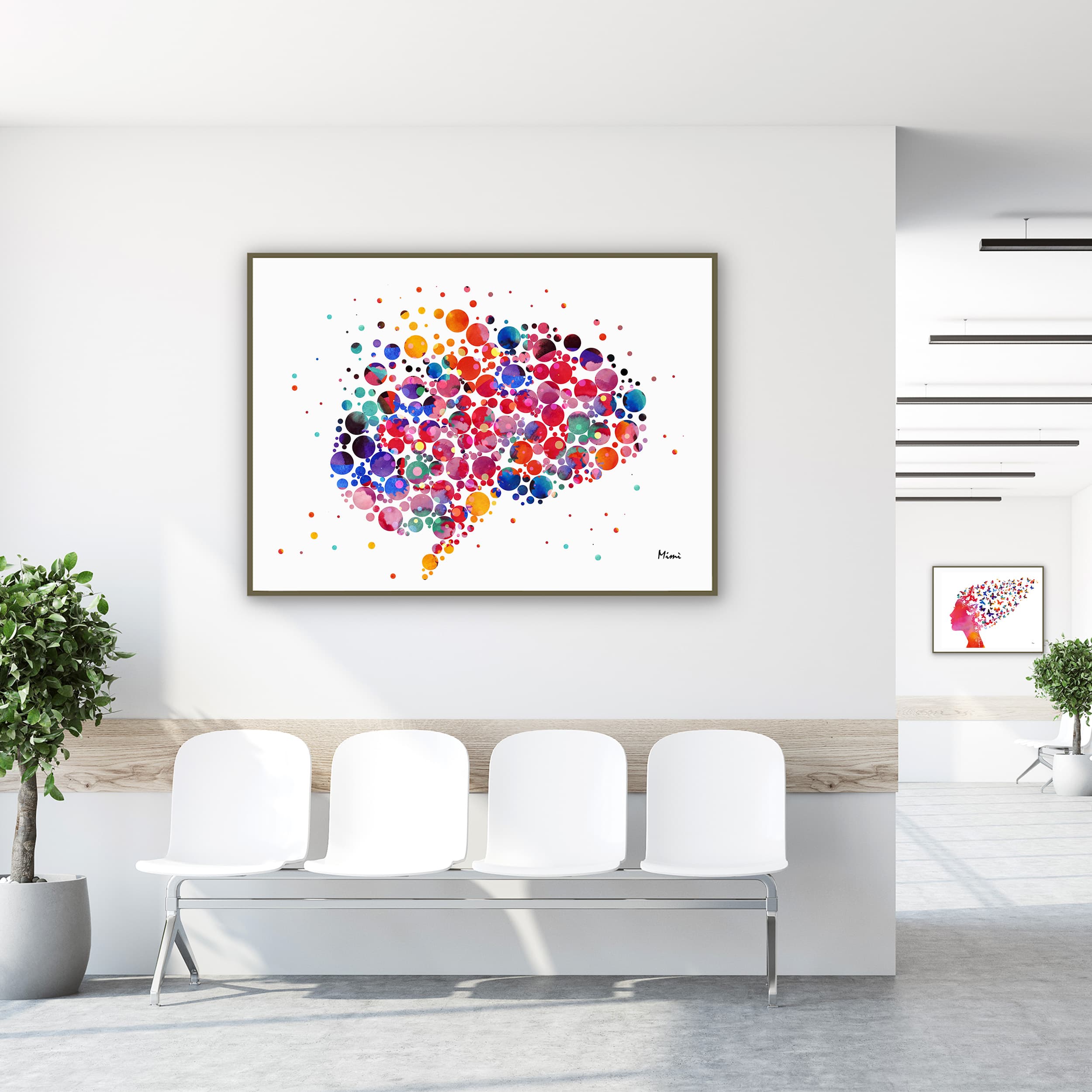 Framed abstract brain and neuroscience watercolor print in a clinic waiting room