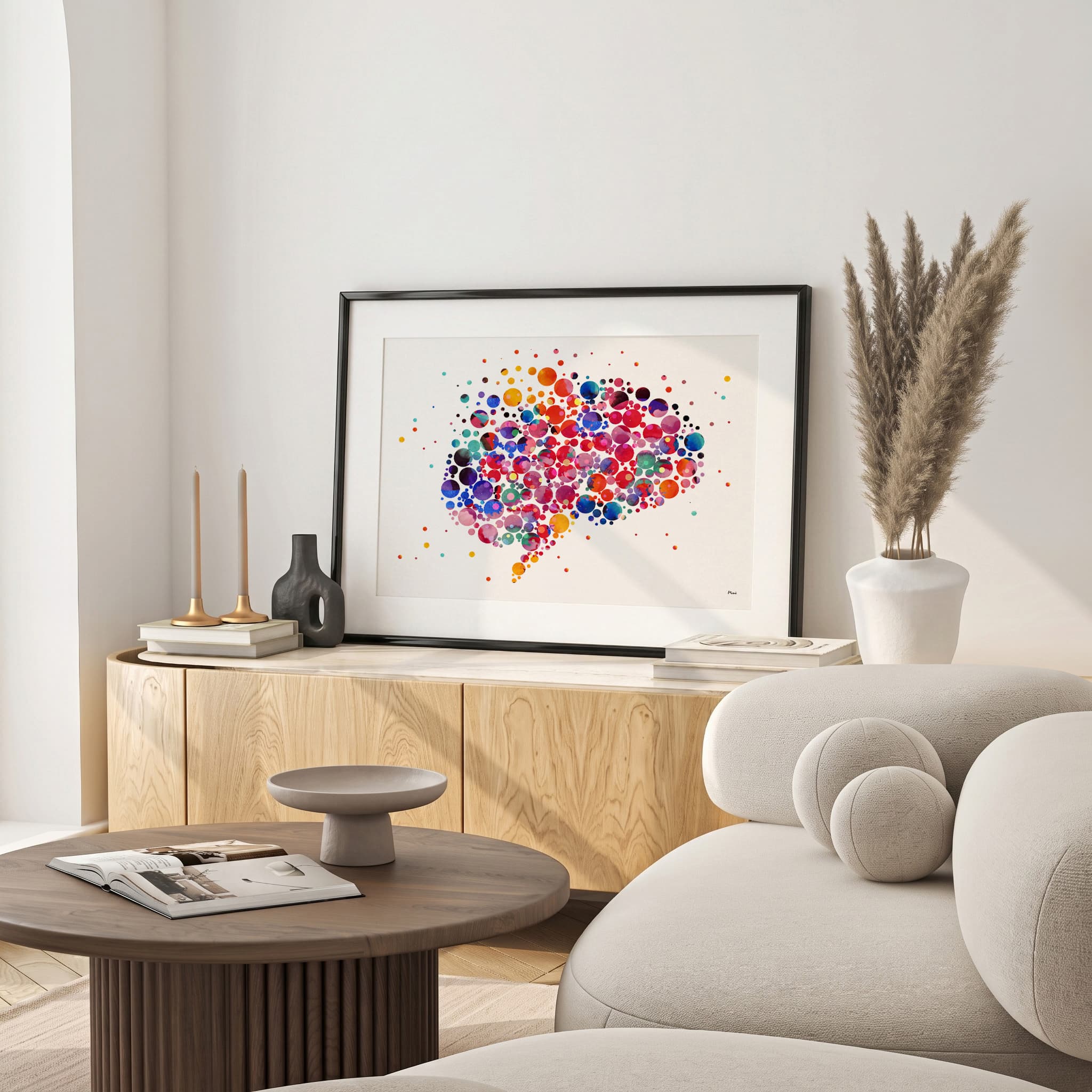 Framed abstract brain and neuroscience watercolor print in a warm living room
