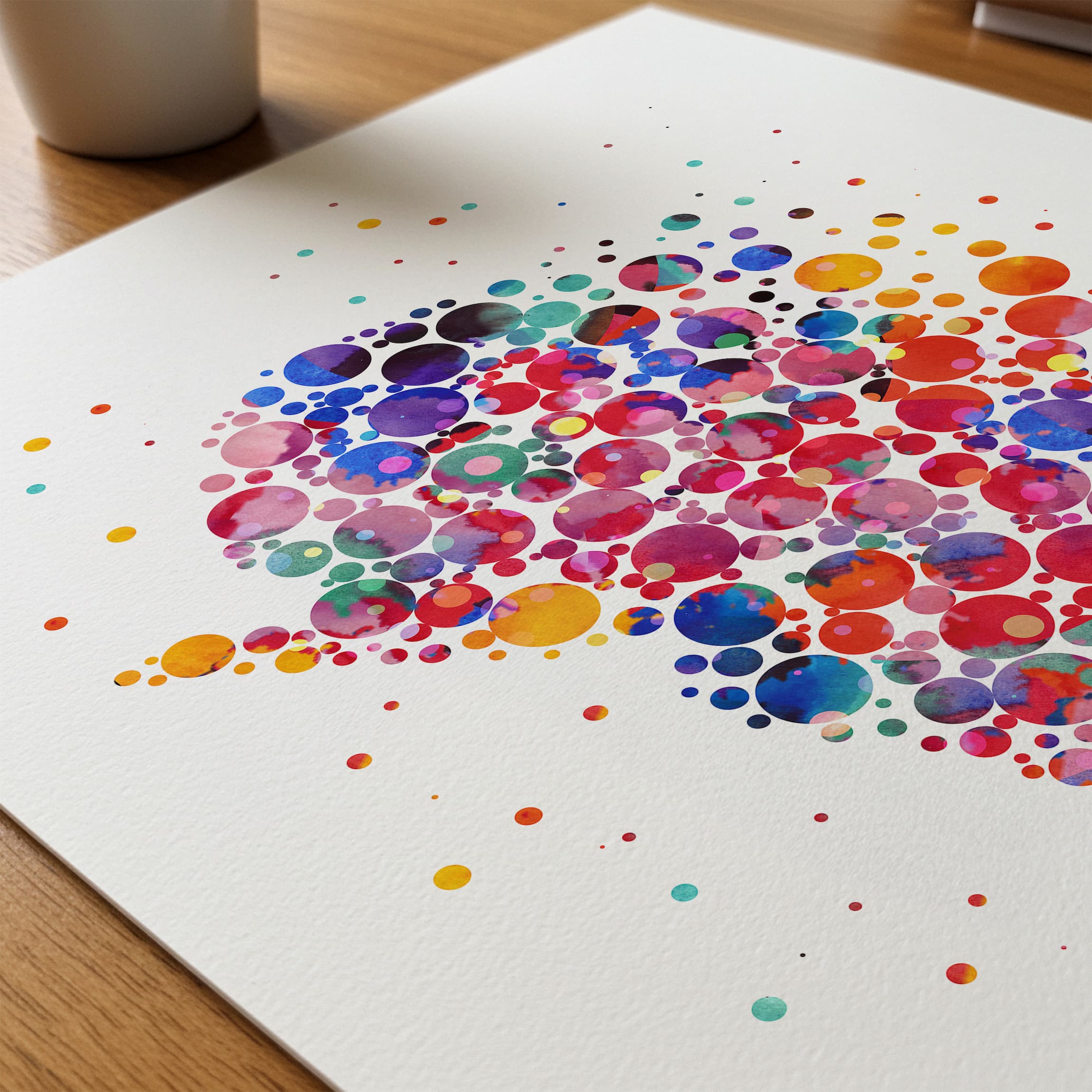 Close-up of brain and neuroscience watercolor print showing paper texture and grain