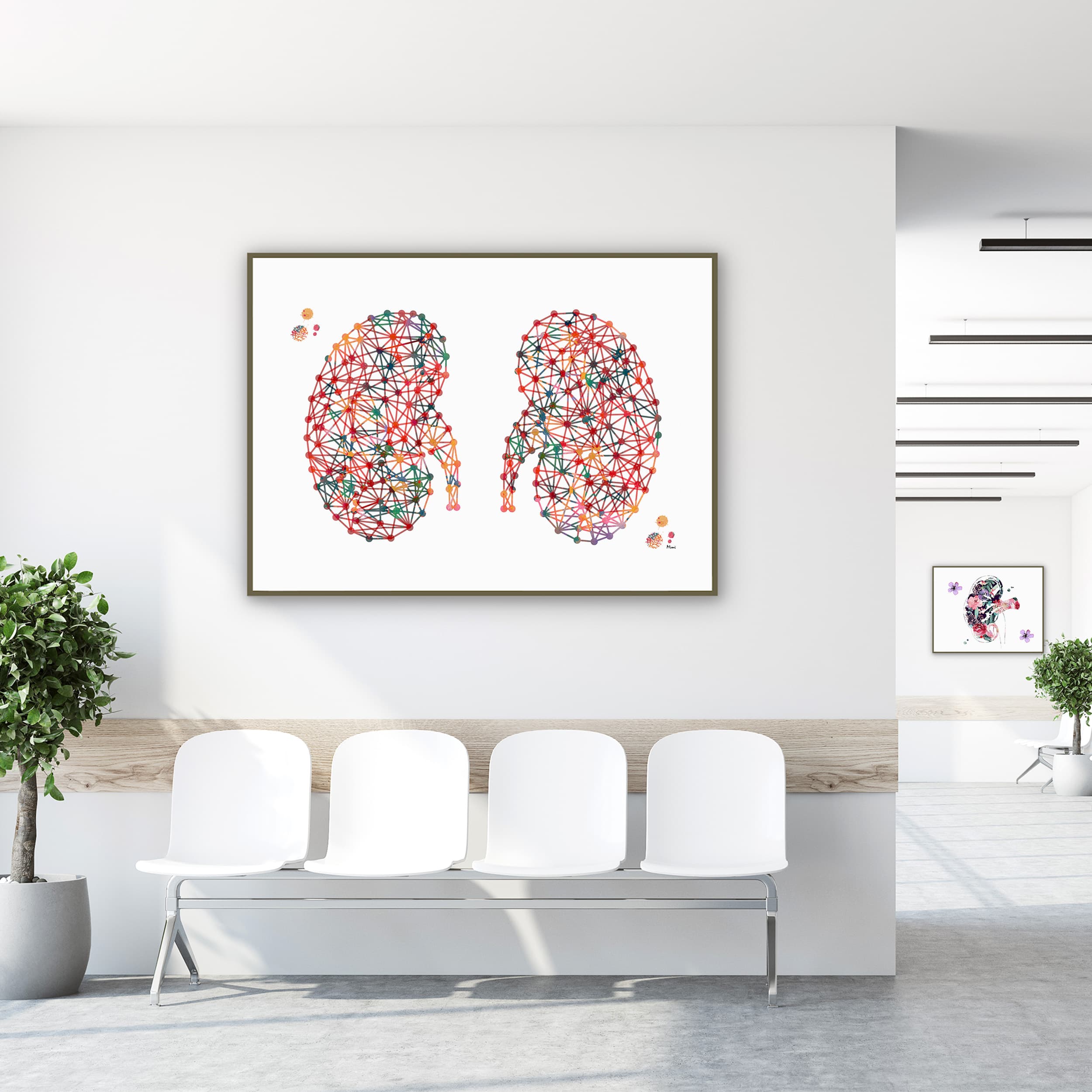 Framed abstract kidneys watercolor print in a clinic waiting room