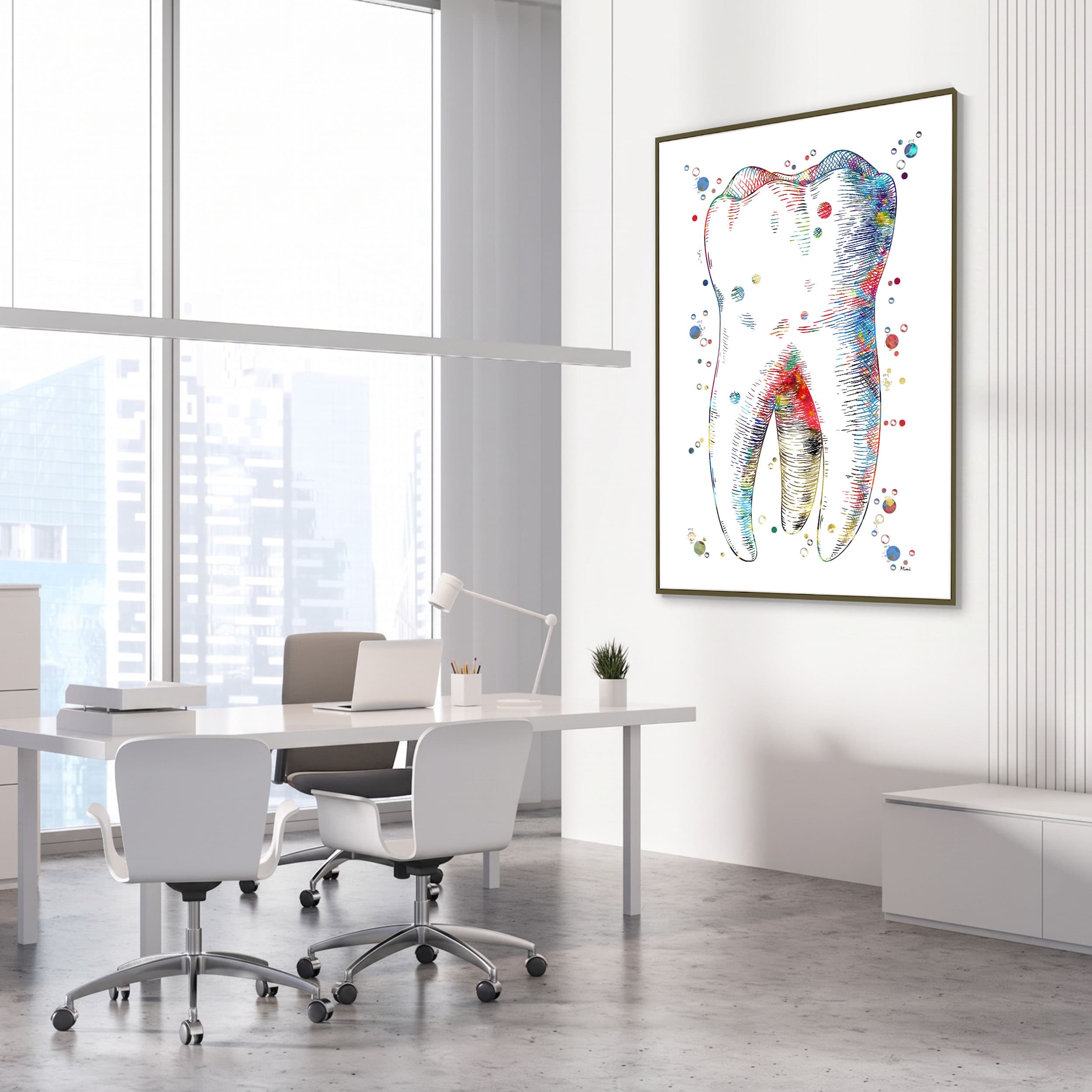 Framed abstract molar anatomy watercolor print in a dental clinic