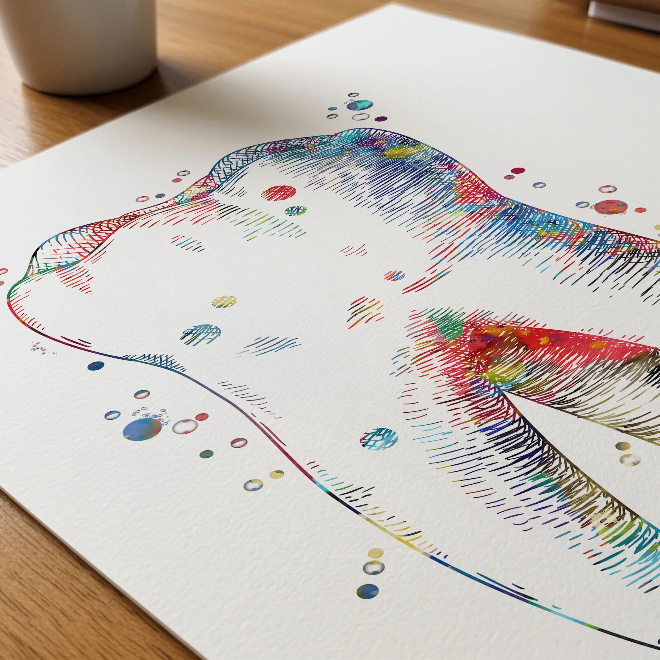 Close-up of abstract molar anatomy watercolor print showing paper texture and grain