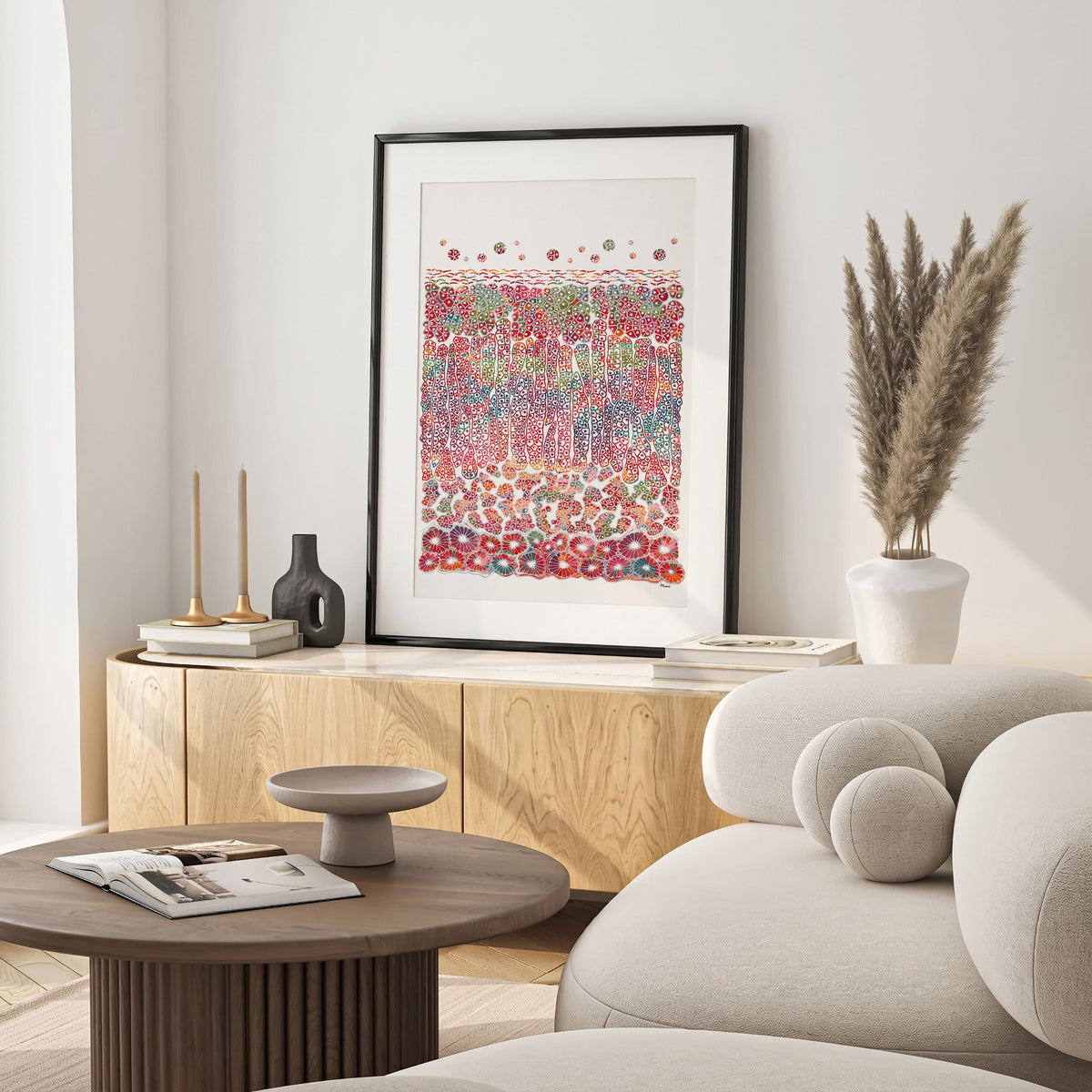 adrenal cortex histology watercolor print hanging in a warm living room