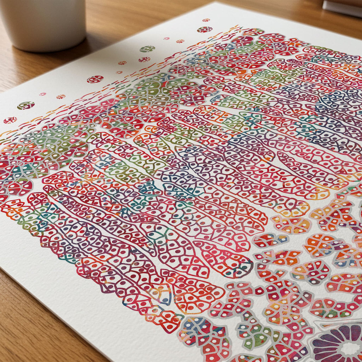 Close-up of adrenal cortex histology watercolor print showing paper texture and grain