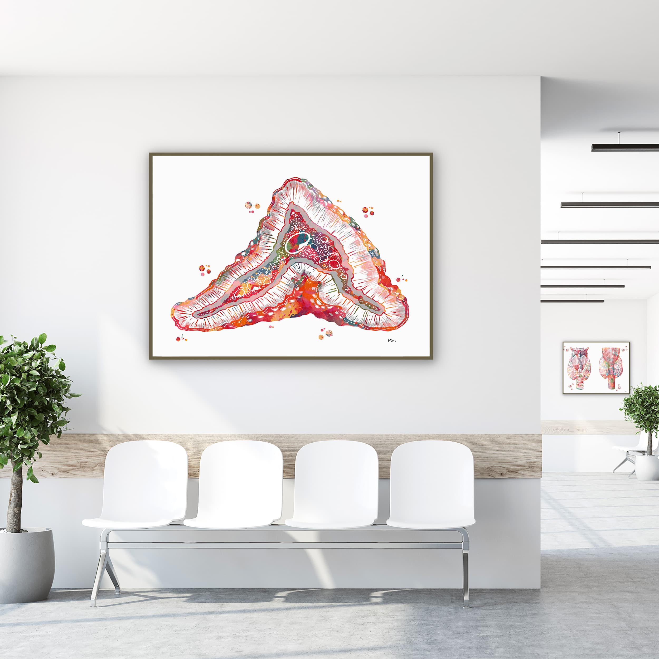 Framed adrenal glands anatomy watercolor print in a clinic waiting room