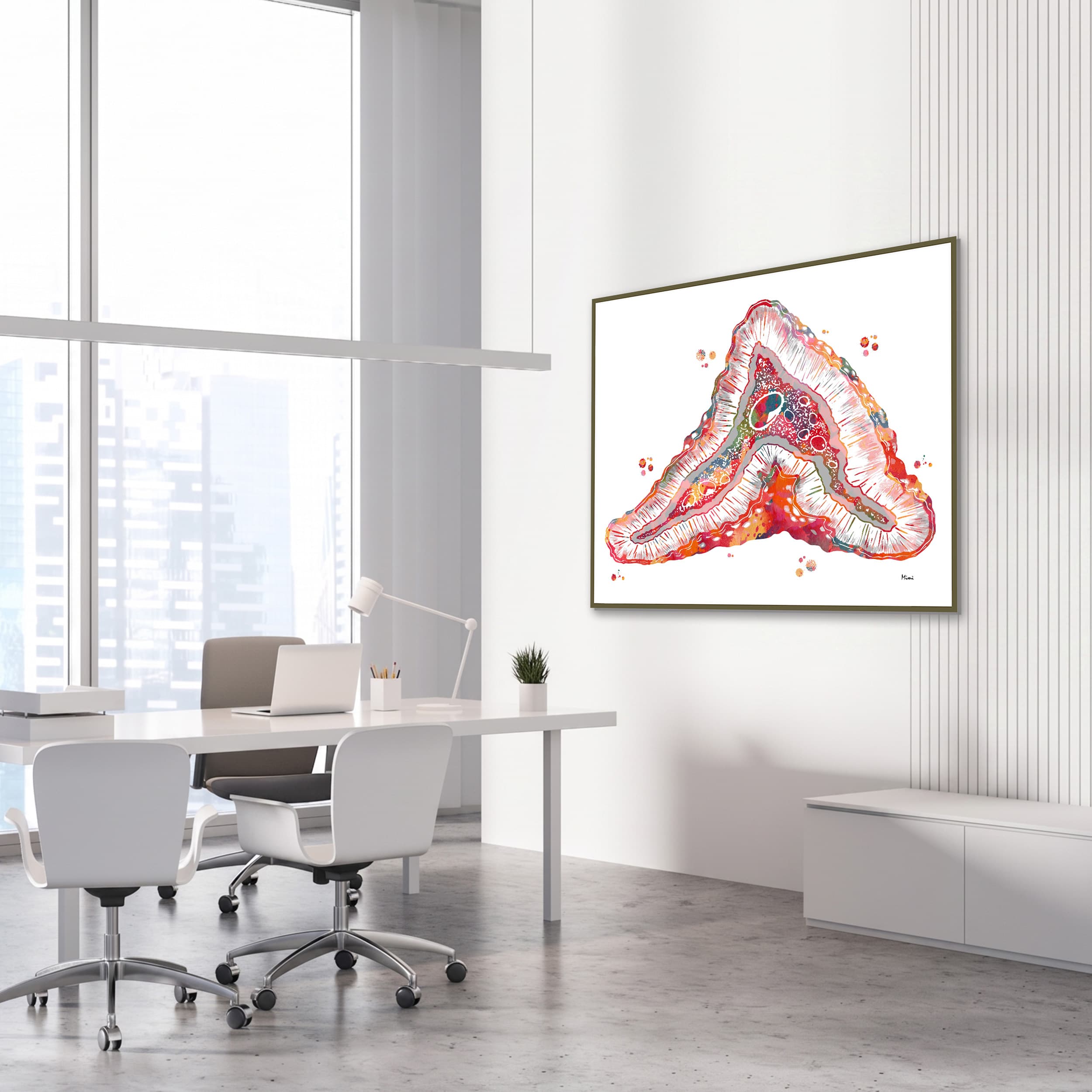Framed adrenal glands anatomy watercolor print in an endocrinology clinic