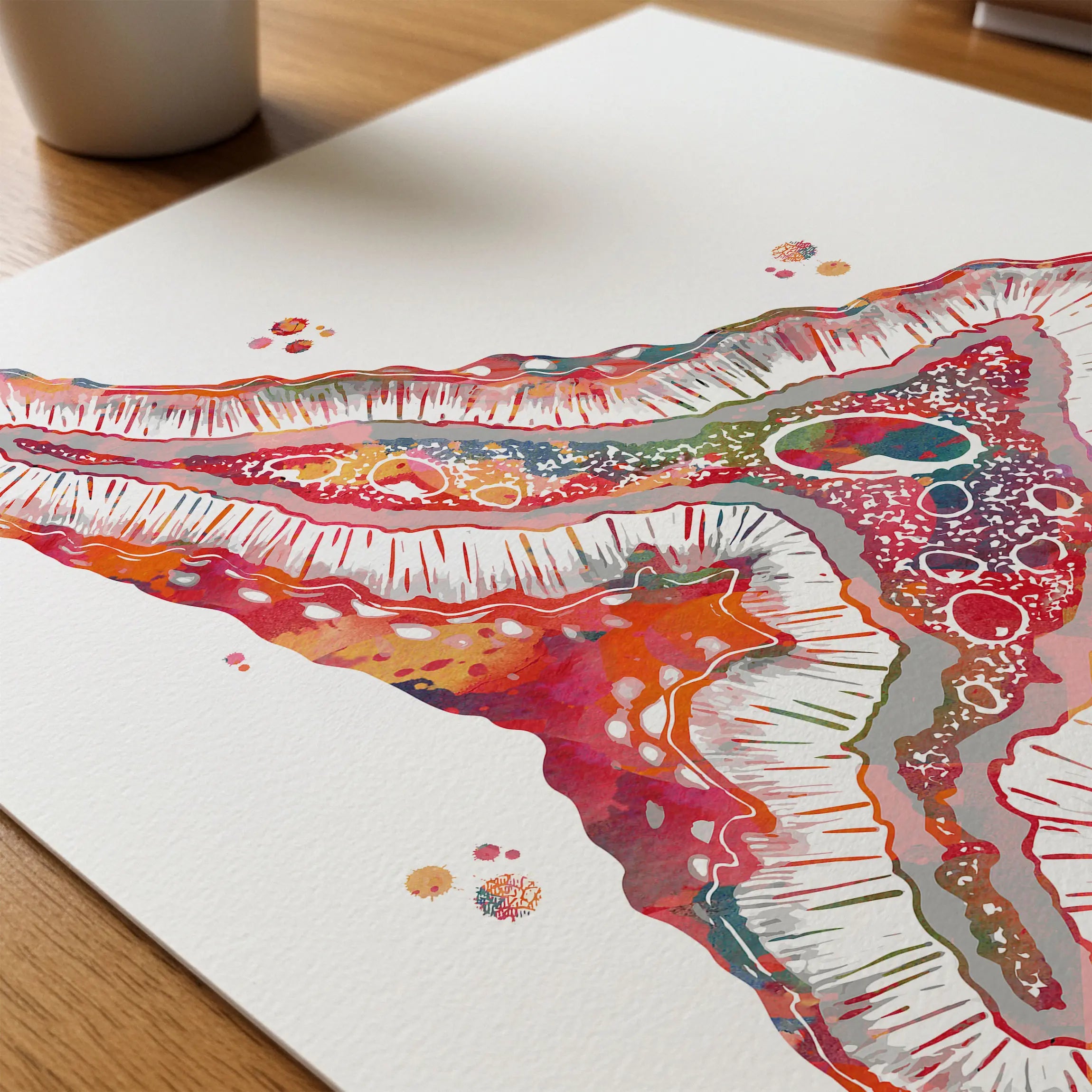 Close-up of adrenal glands anatomy watercolor print showing paper texture and grain