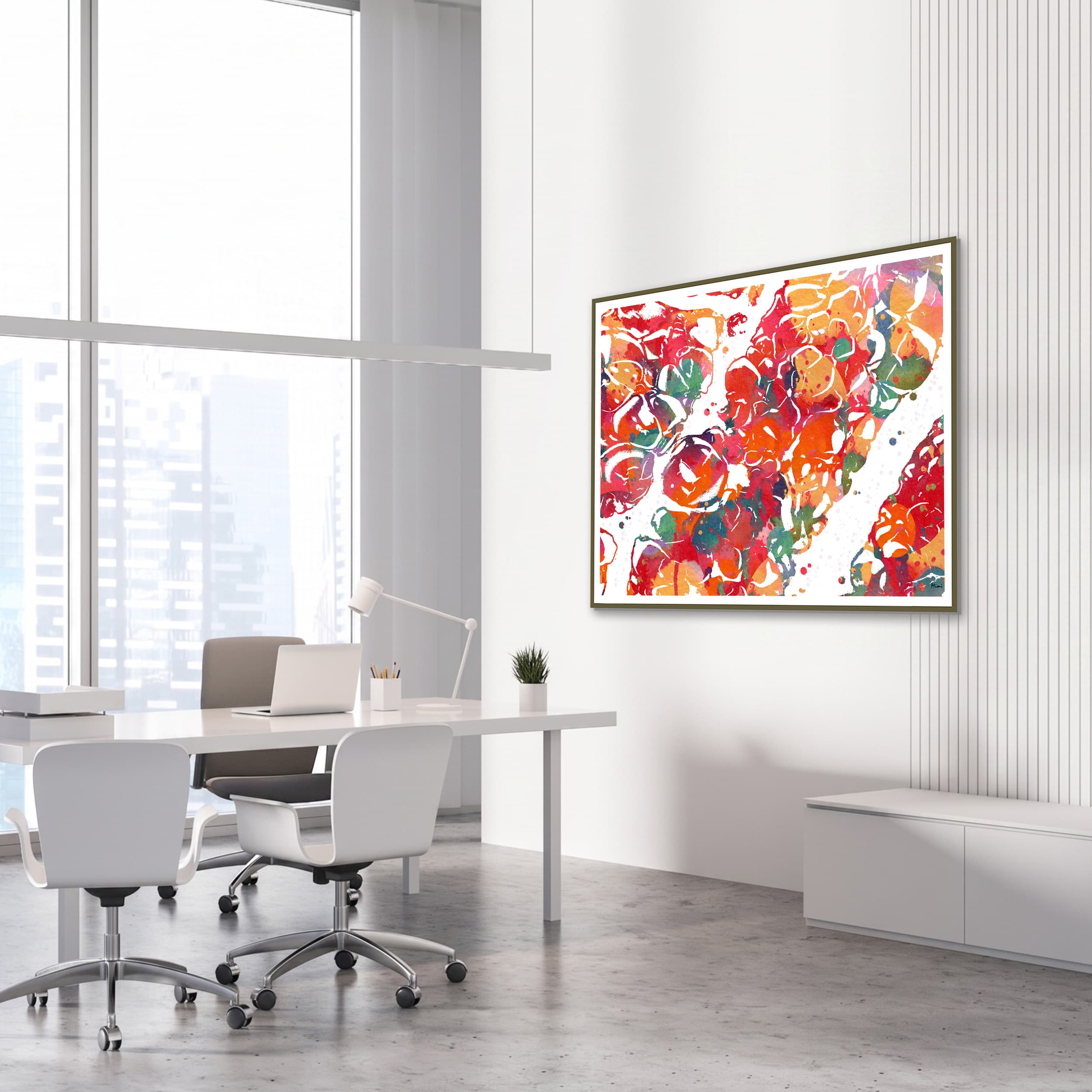 Framed adrenal histology watercolor print in an endocrinology clinic