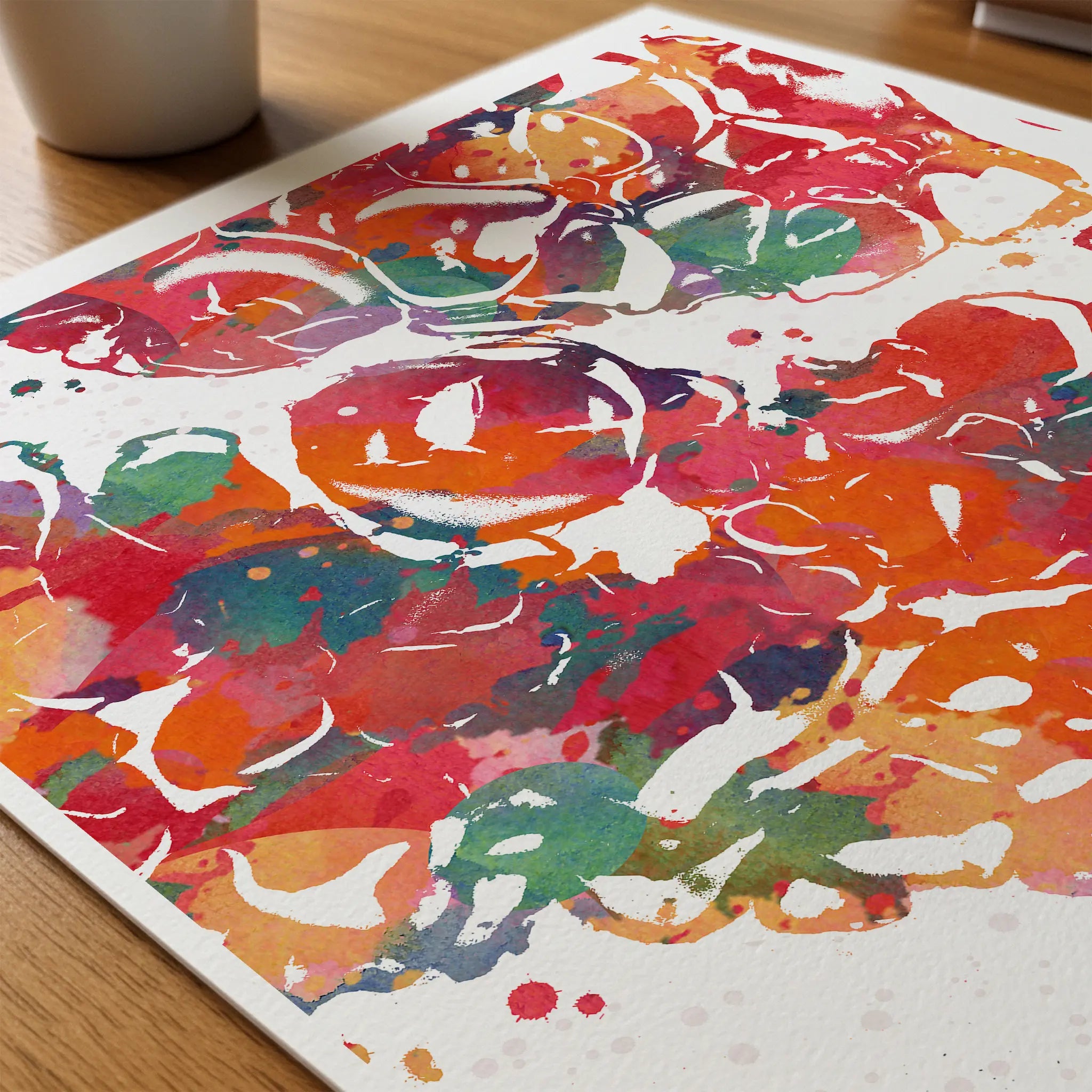 Close-up of adrenal histology watercolor print showing paper texture and grain