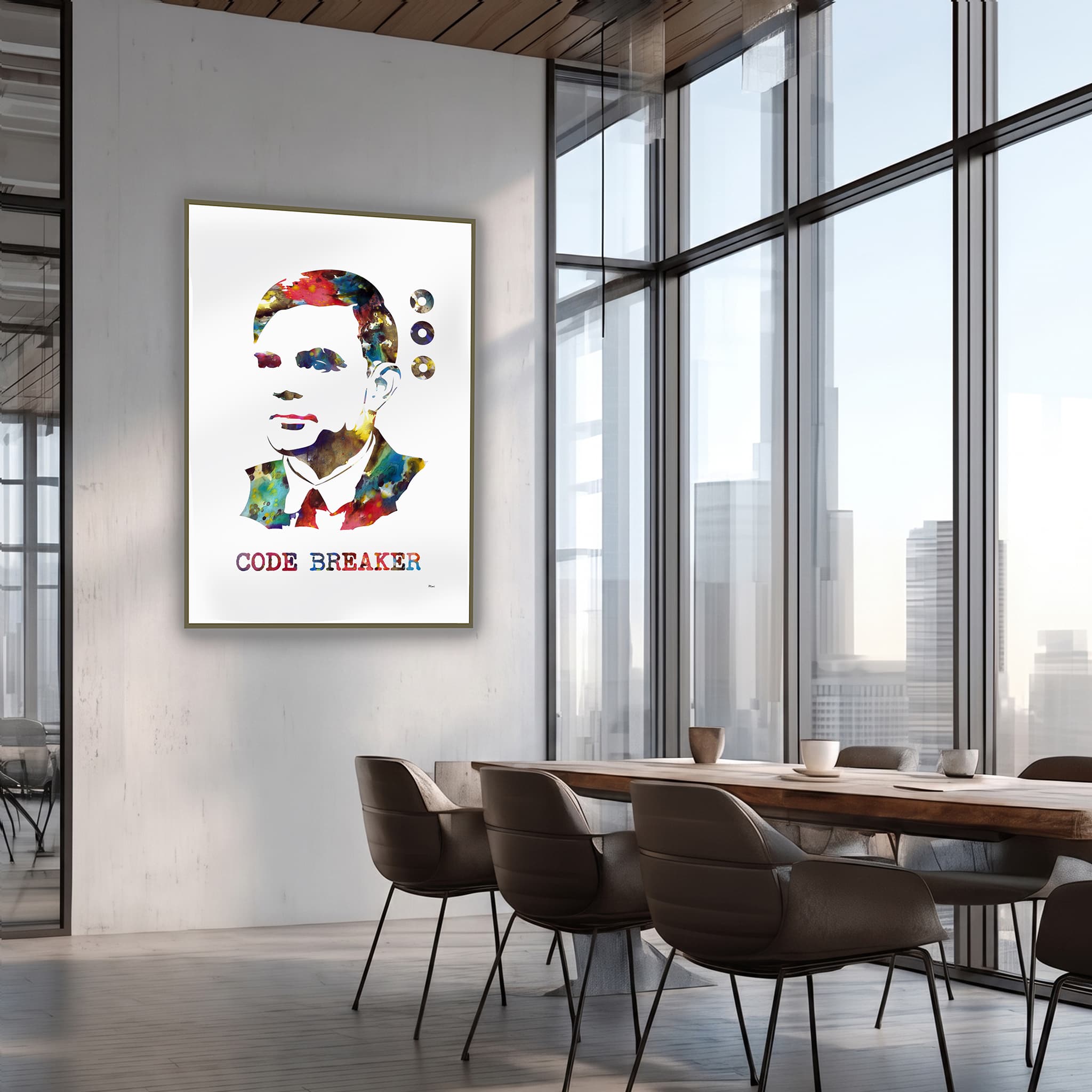 Framed alan turing watercolor print in a meeting room