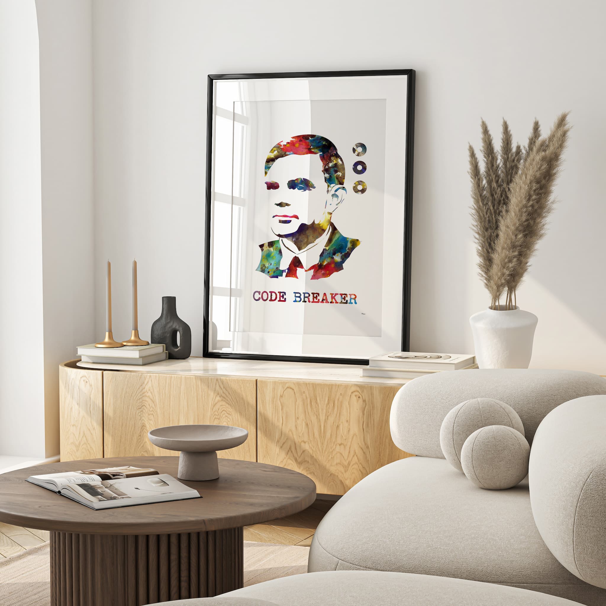 Framed alan turing watercolor print in a warm living room