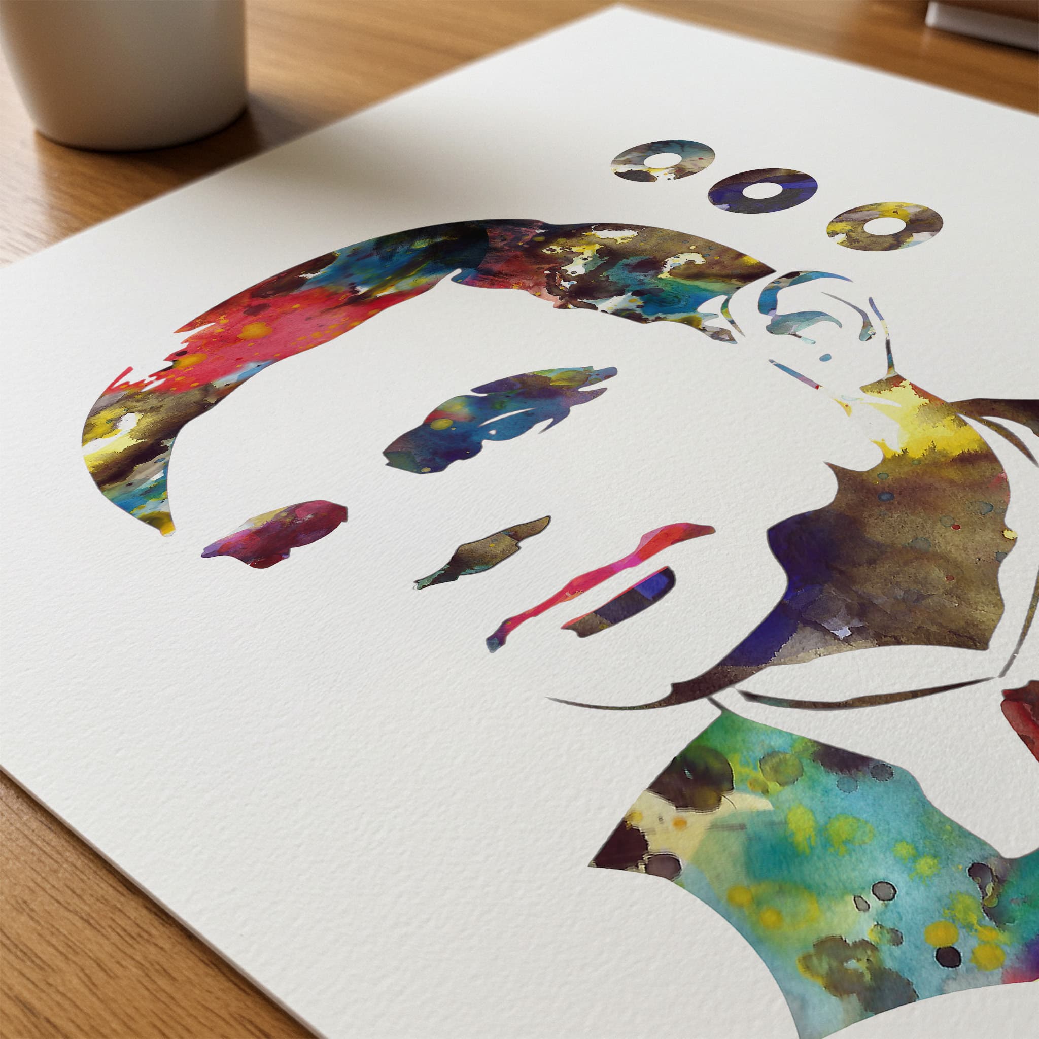 Close-up of alan turing watercolor print showing paper texture and grain