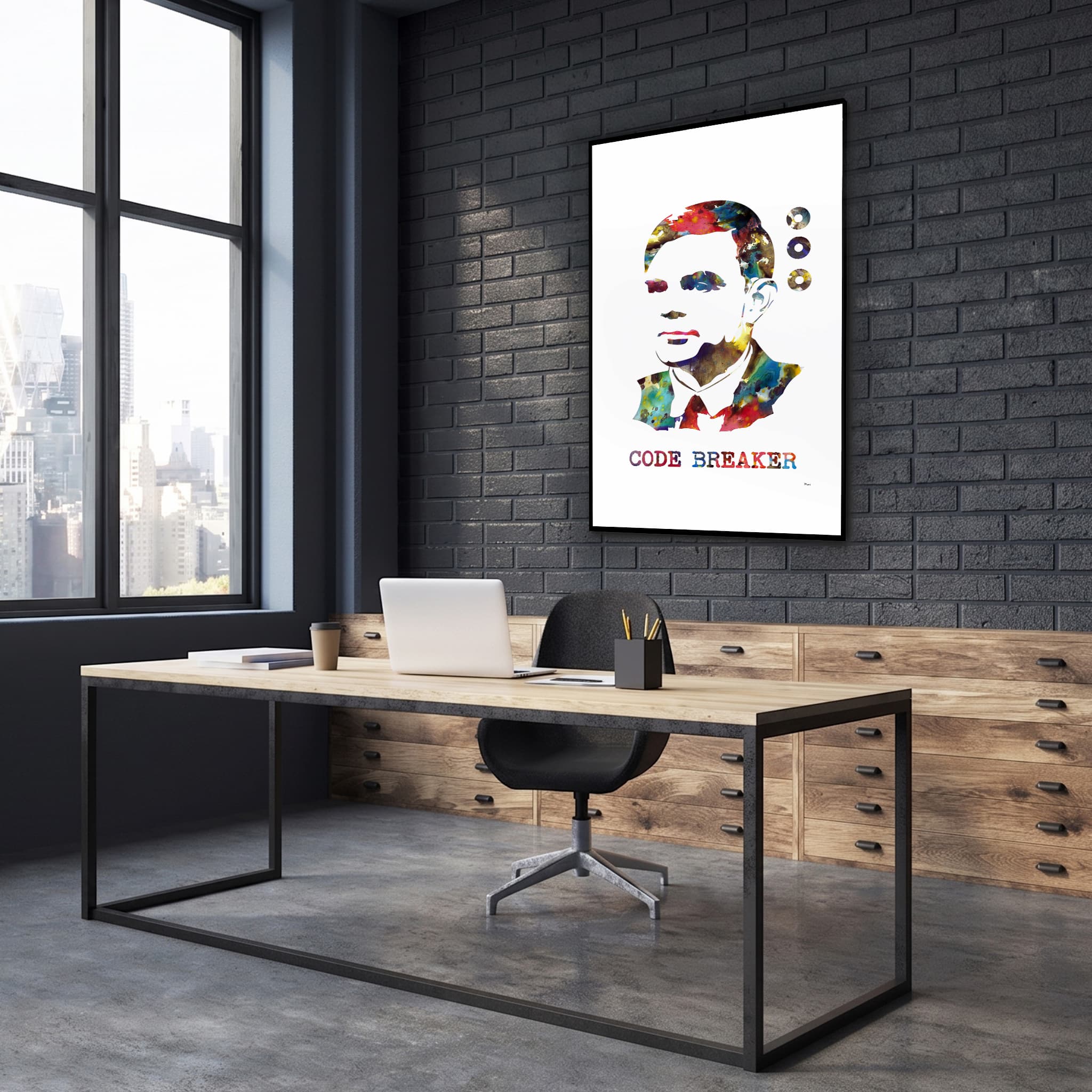 Framed alan turing watercolor print in a technology office
