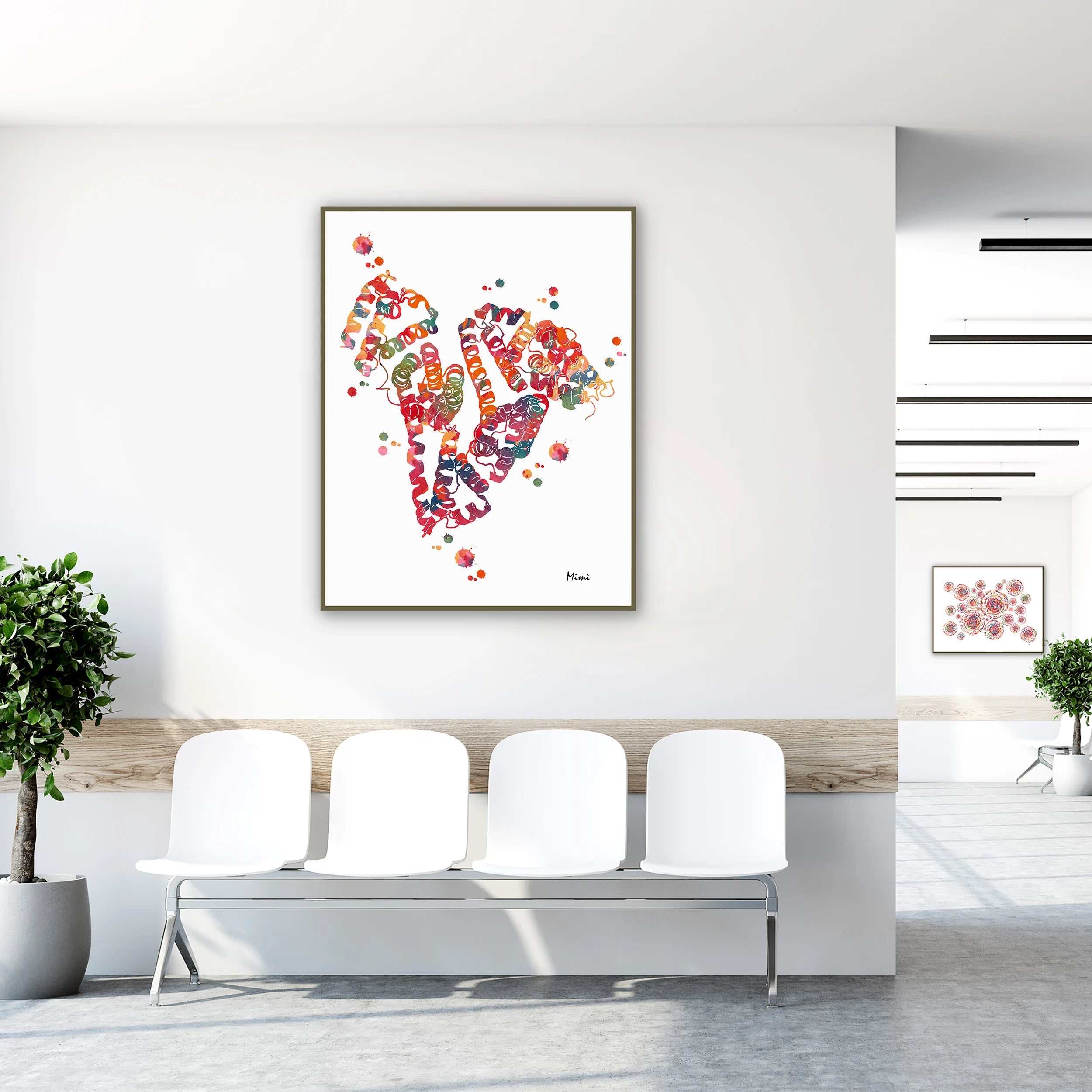Framed albumin molecular structure watercolor print in a clinic waiting room