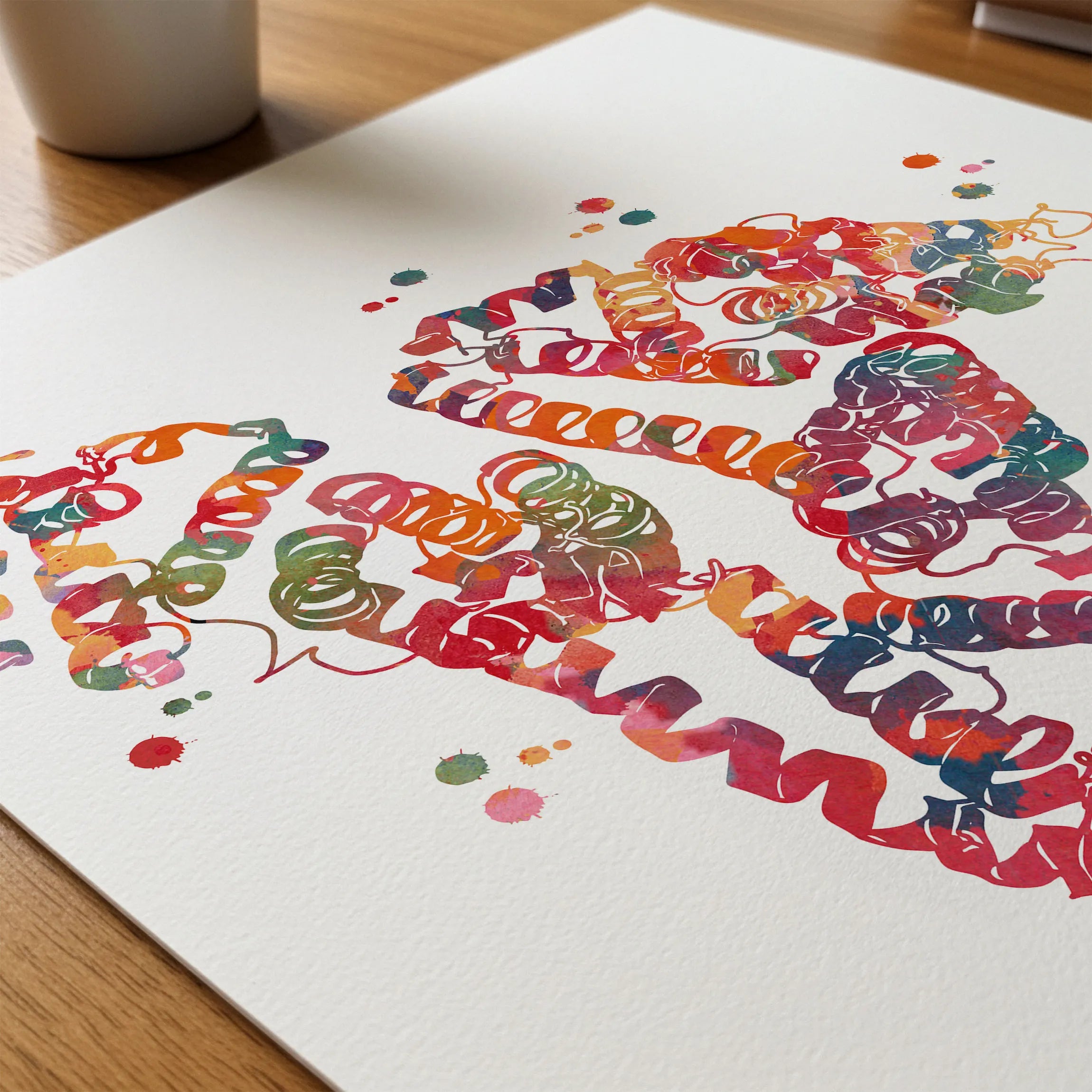 Close-up of albumin molecular structure watercolor print showing paper texture and grain