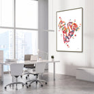 Framed albumin molecular structure watercolor print in a science laboratory office