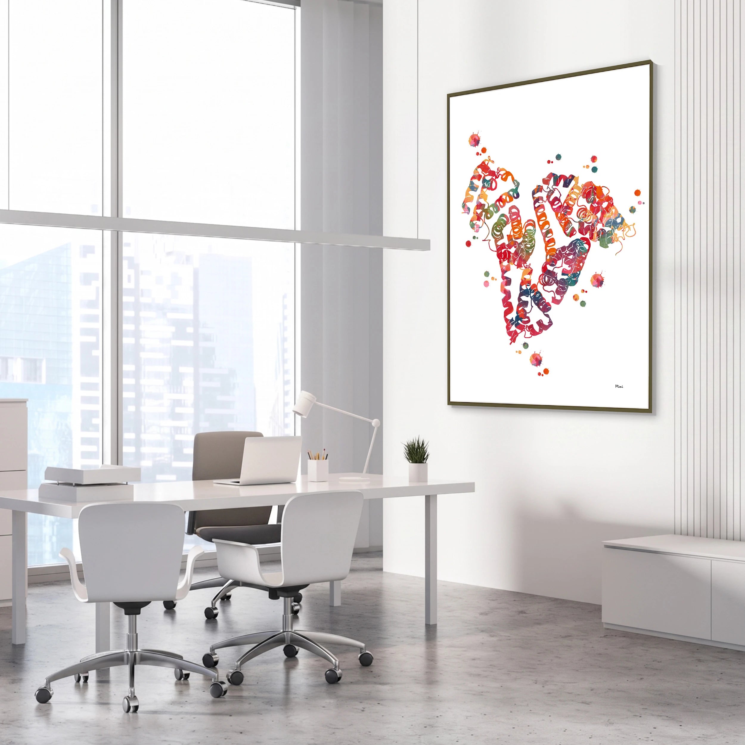 Framed albumin molecular structure watercolor print in a science laboratory office