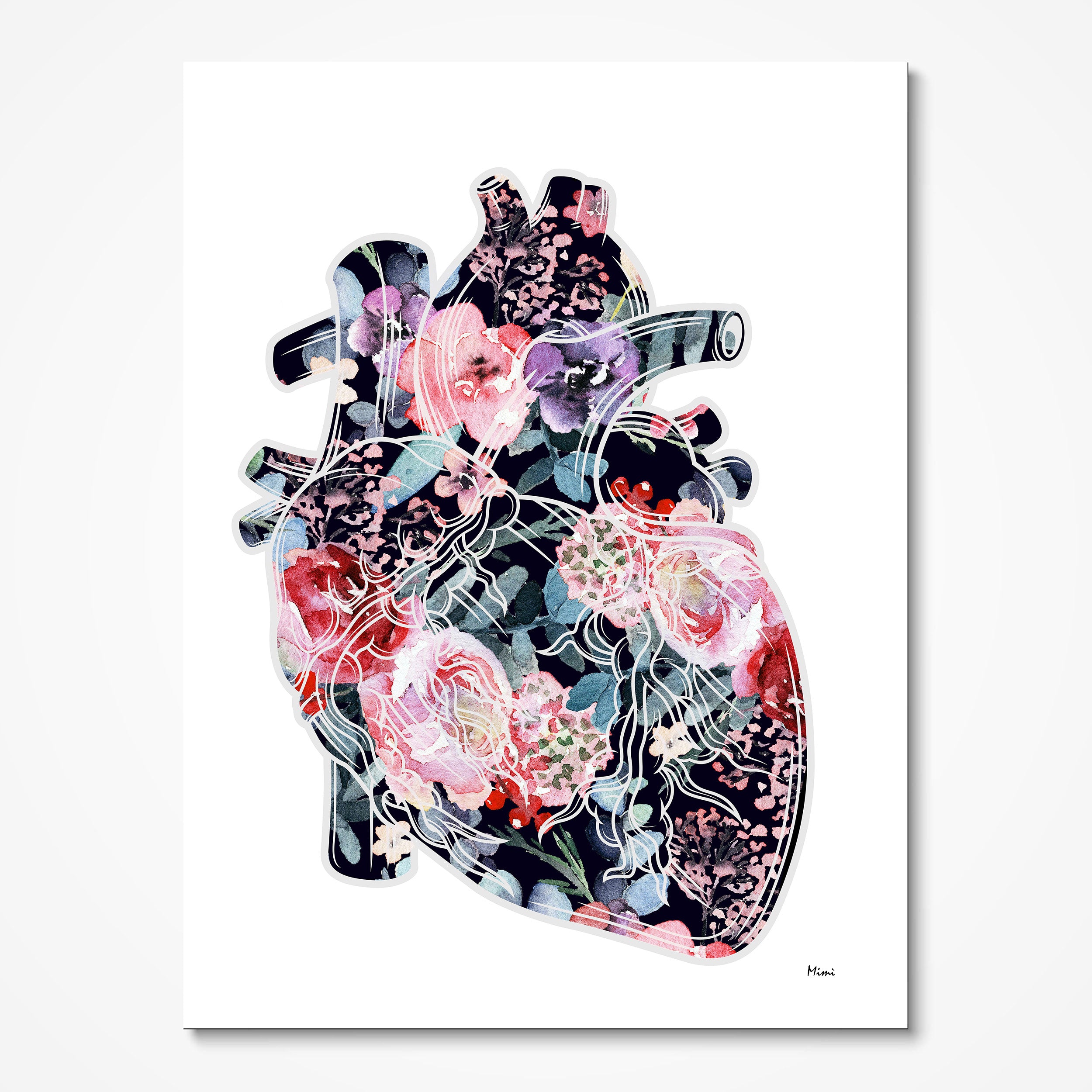 anatomical heart watercolor in floral style image 1