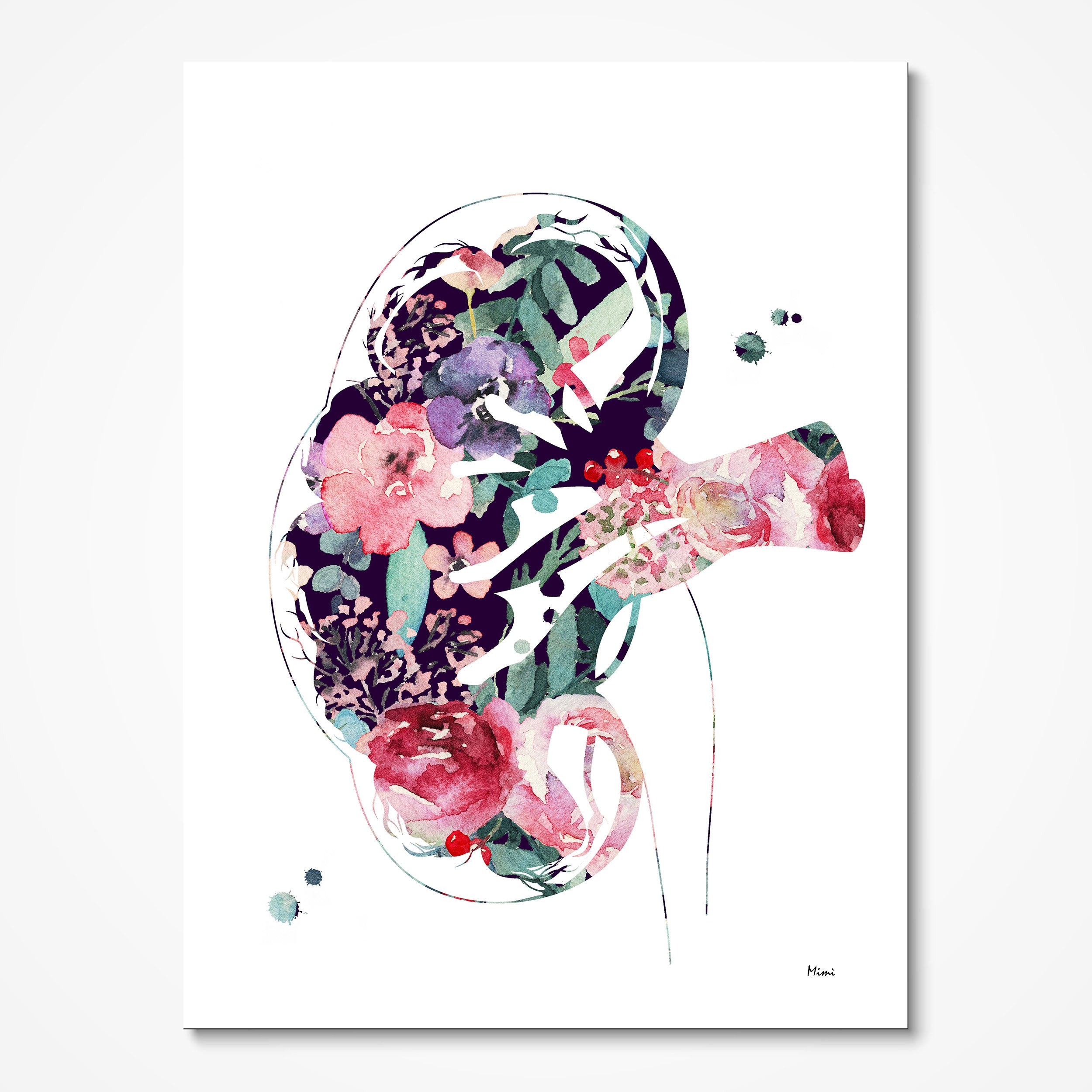 Kidney Watercolor Print In Floral Style Image