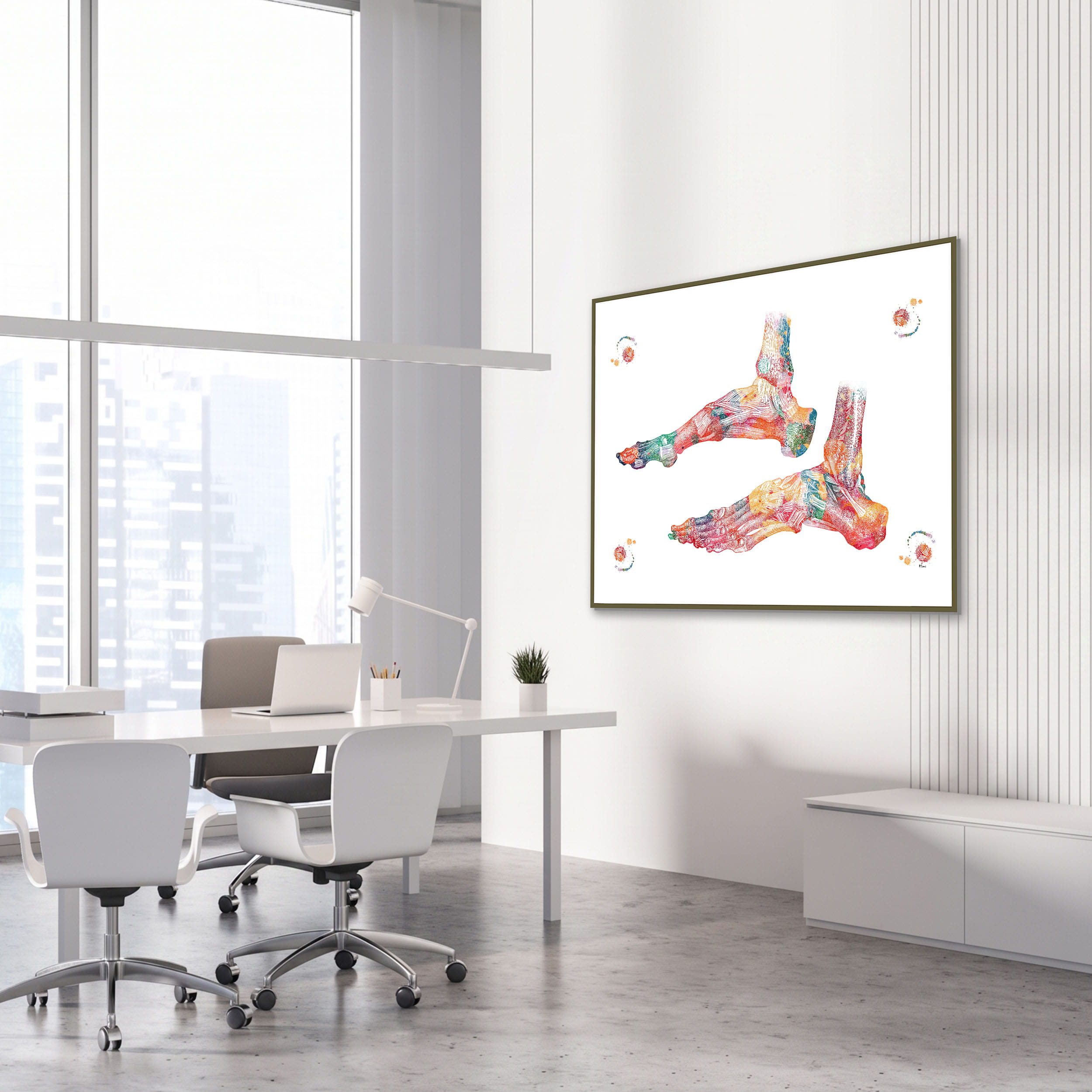 Framed ankle bones anatomy watercolor print in an orthopedic clinic