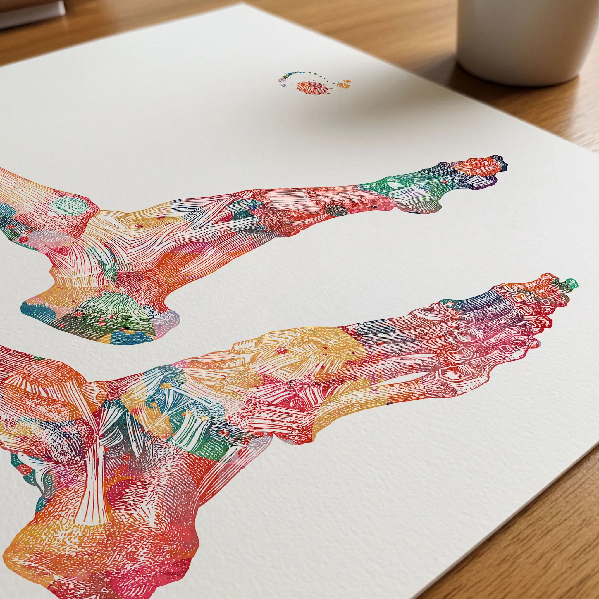 Close-up of ankle bones anatomy watercolor print showing paper texture and grain