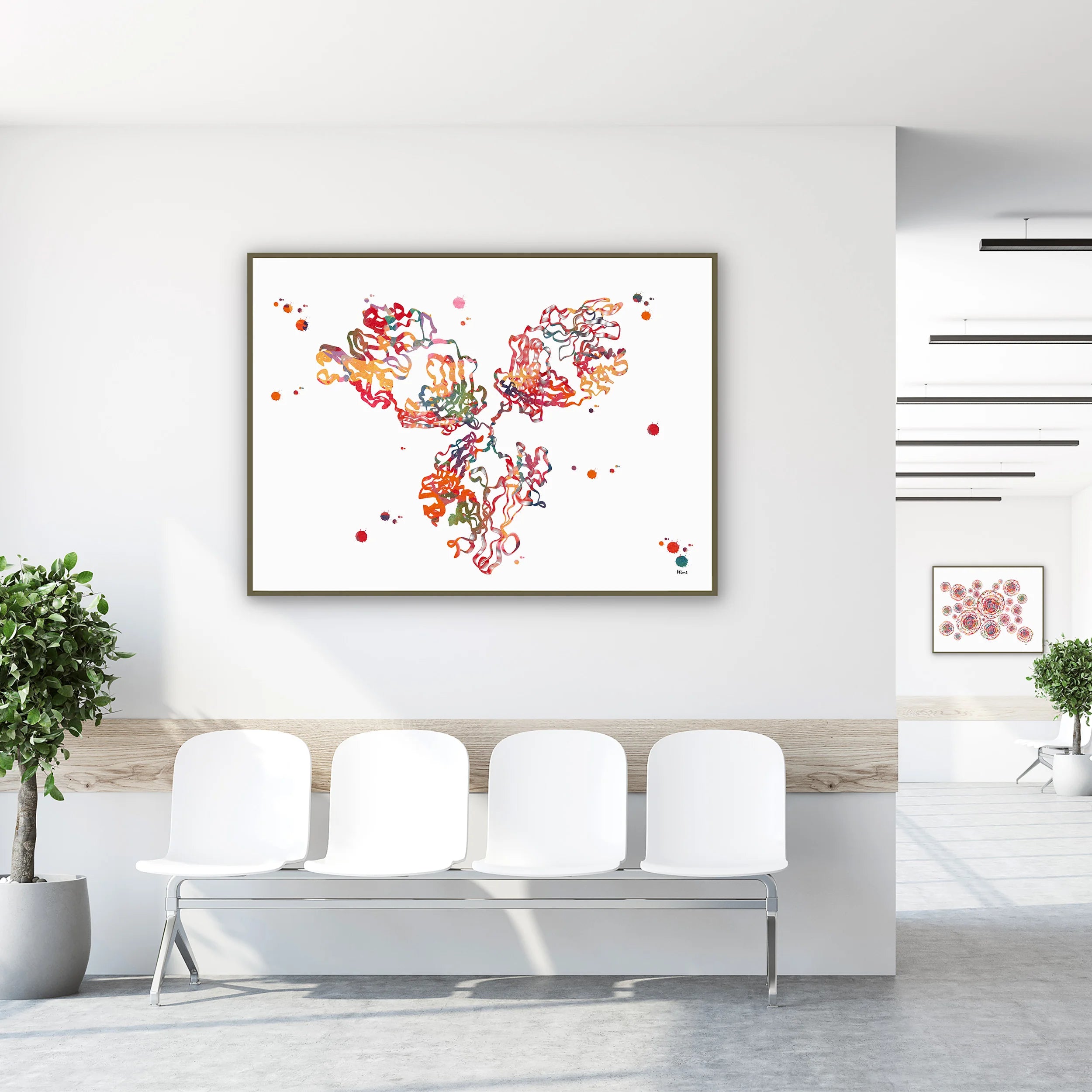 Framed antibody immunoglobulin g (igg) watercolor print in a clinic waiting room