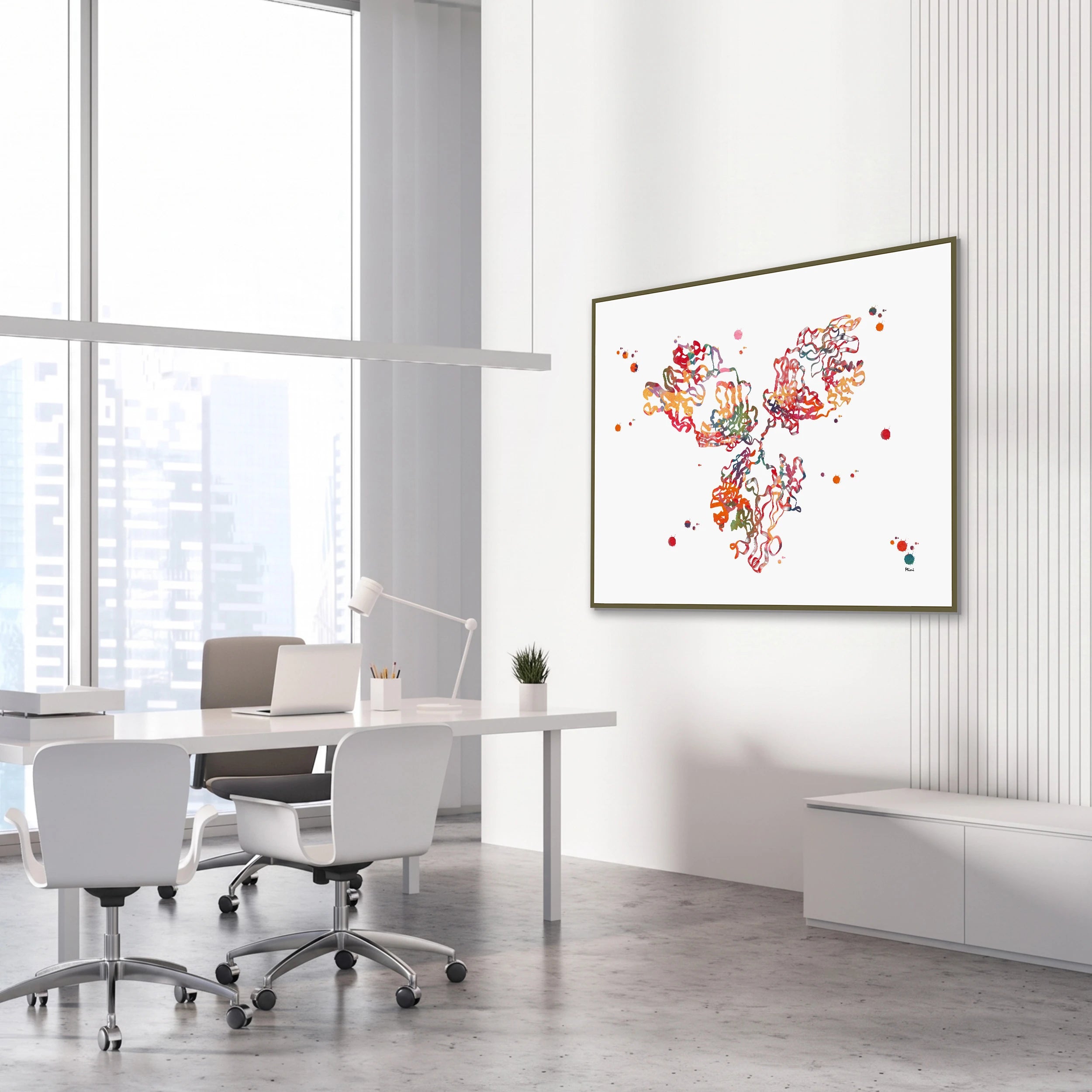 Framed antibody immunoglobulin g (igg) watercolor print in a science laboratory office