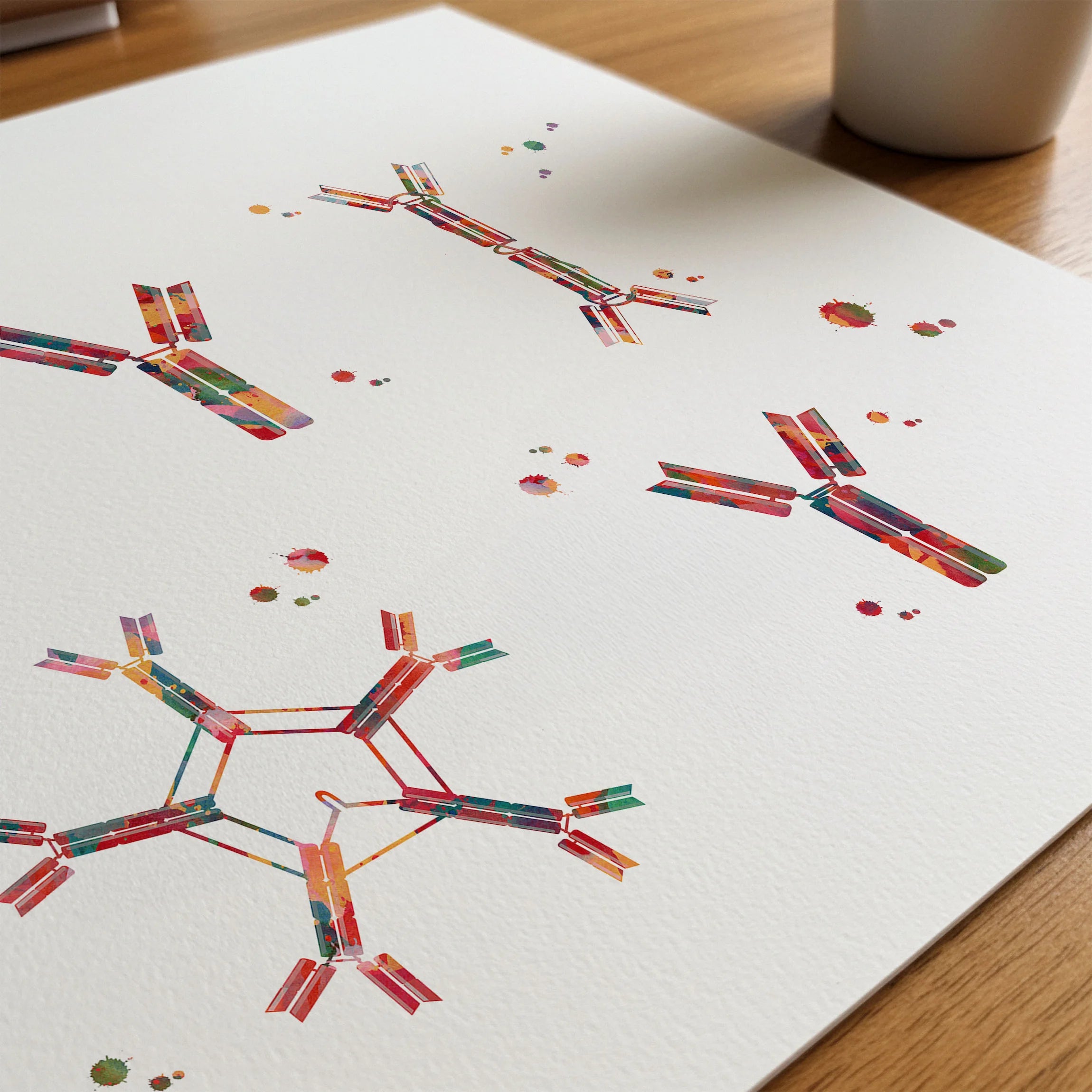 Close-up of antigen-antibody reaction watercolor print showing paper texture and grain