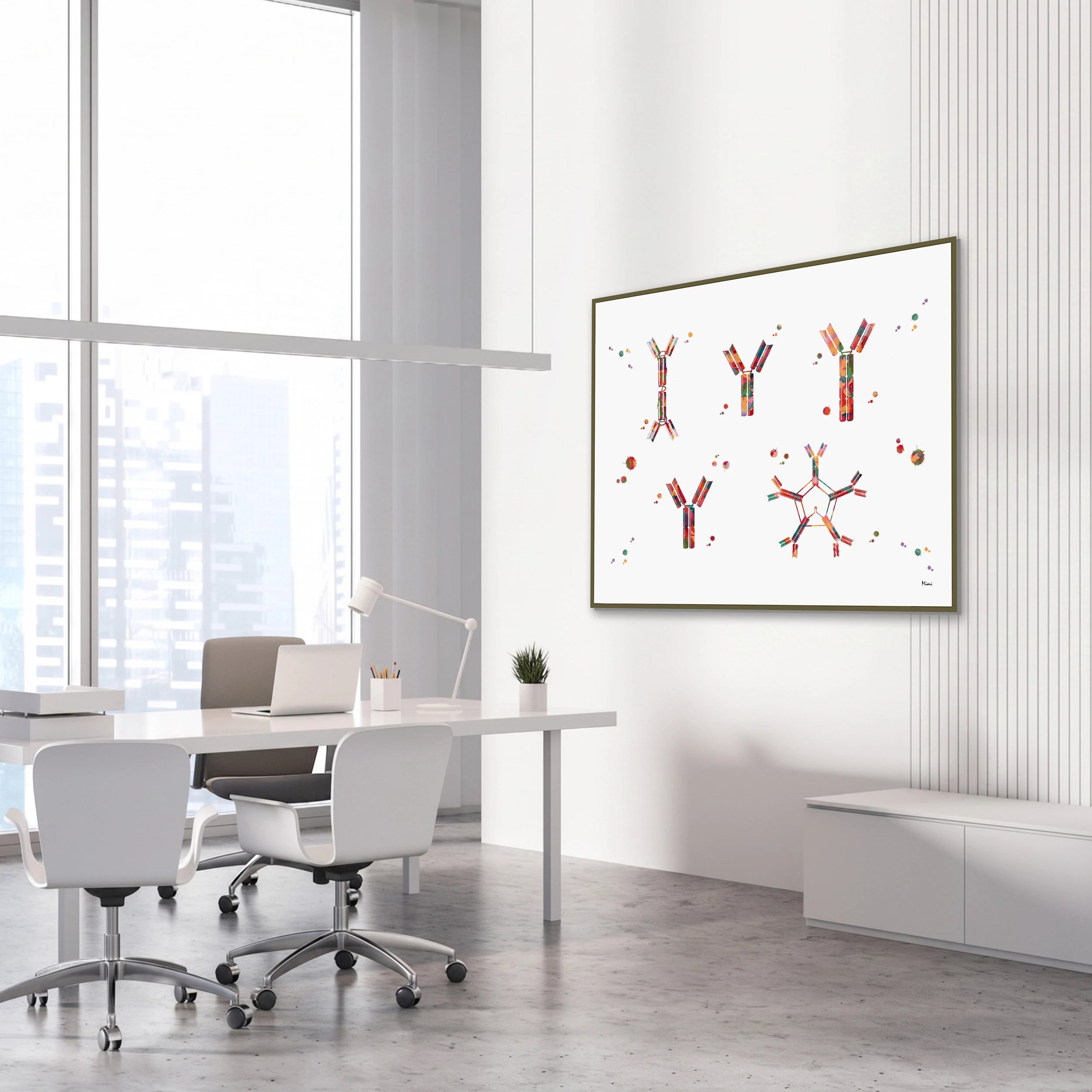 Framed antigen-antibody reaction watercolor print in a science laboratory office