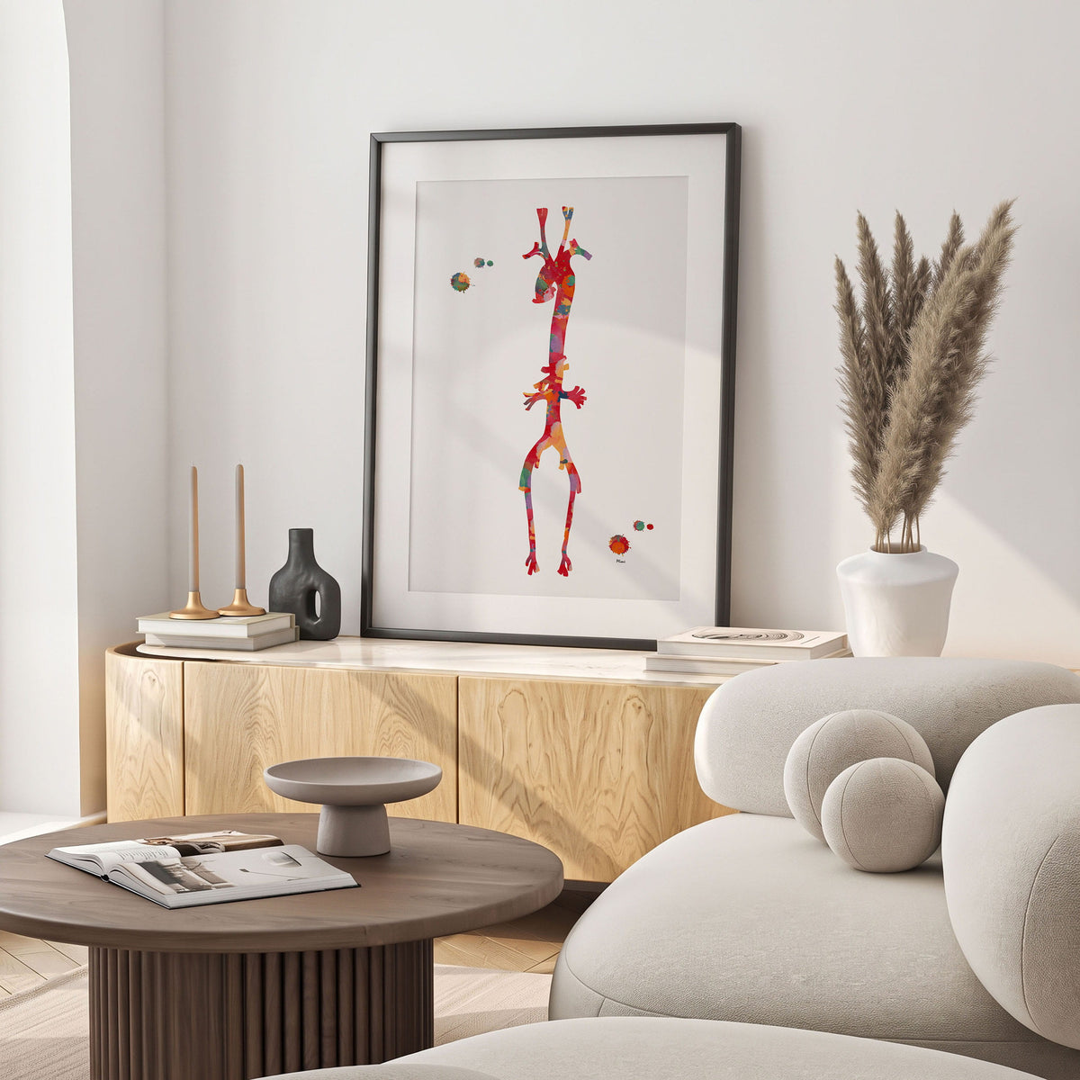 Framed aorta anatomy watercolor print in a warm living room