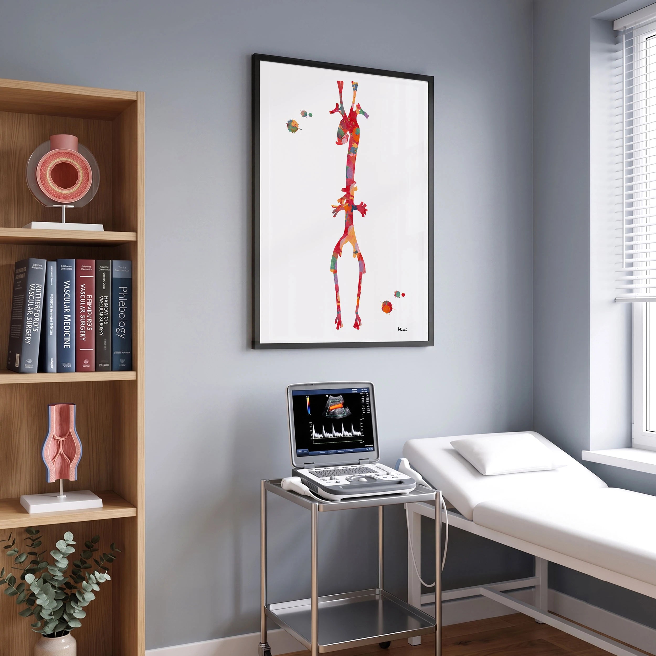 Framed aorta anatomy watercolor print in a vascular clinic