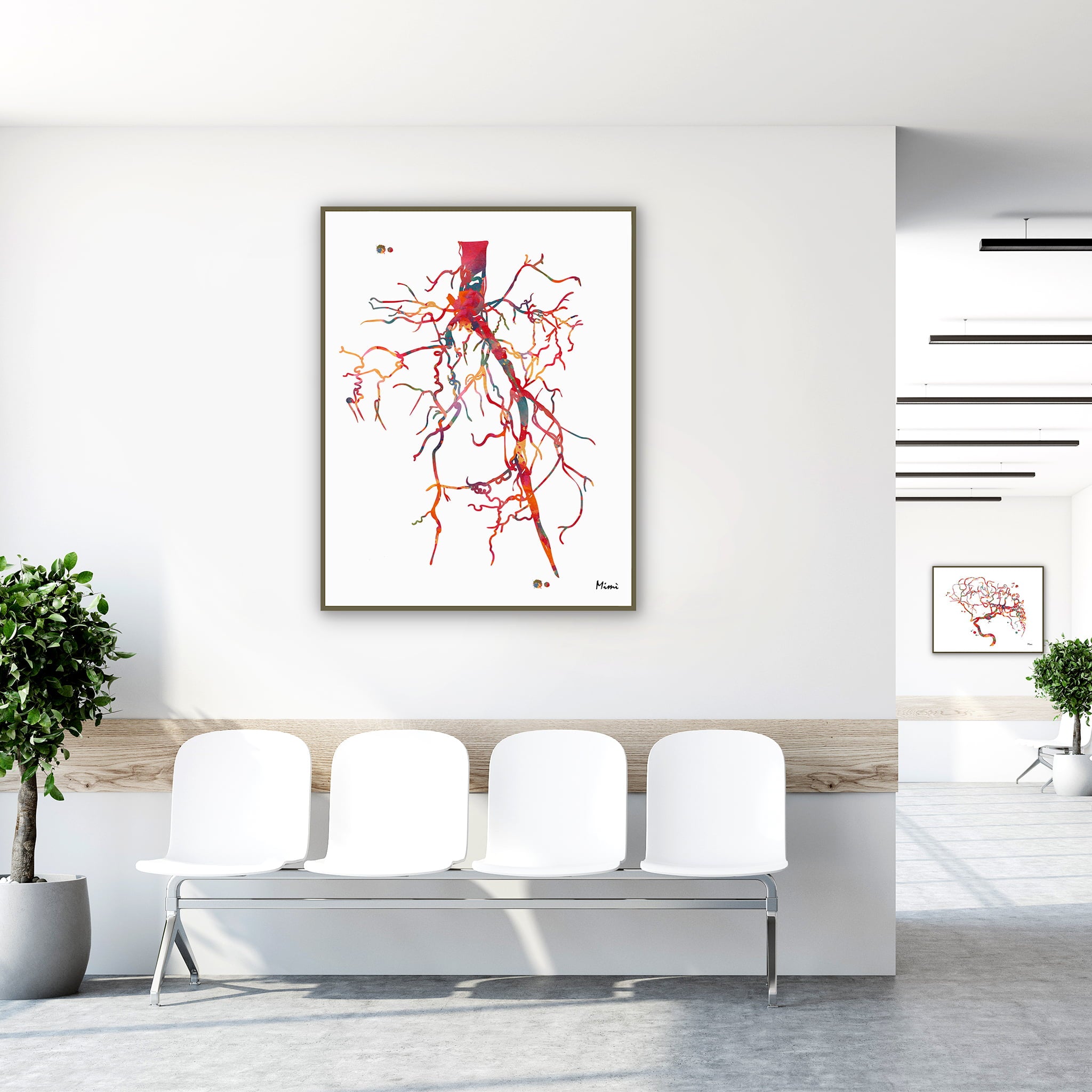 Framed aorta angiogram watercolor print in a clinic waiting room