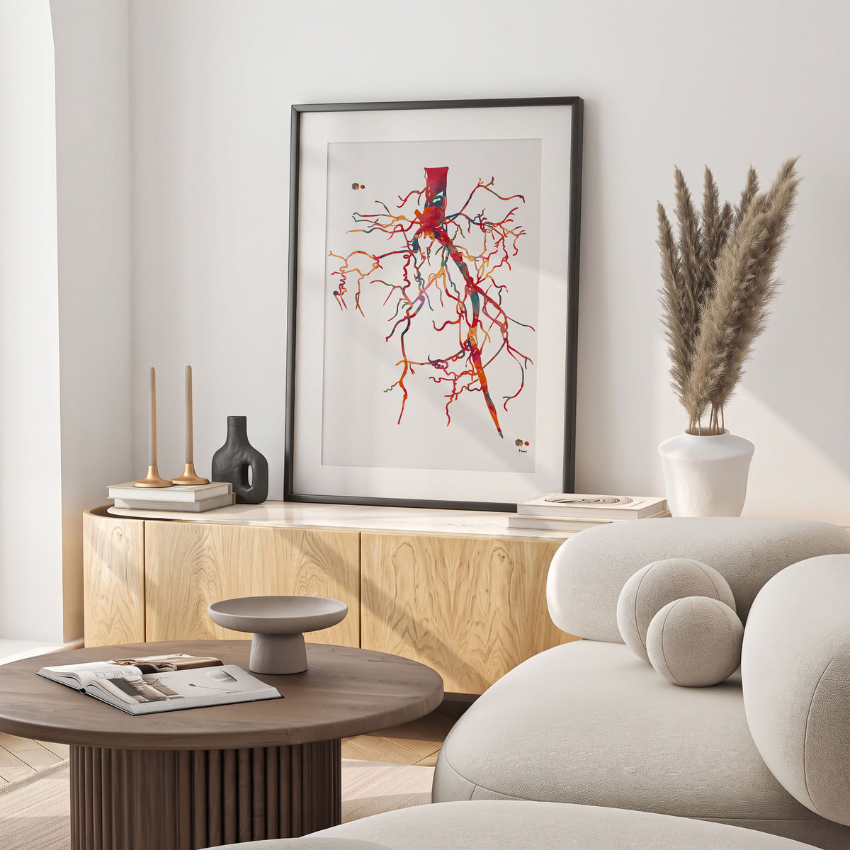 Framed aorta angiogram watercolor print in a warm living room