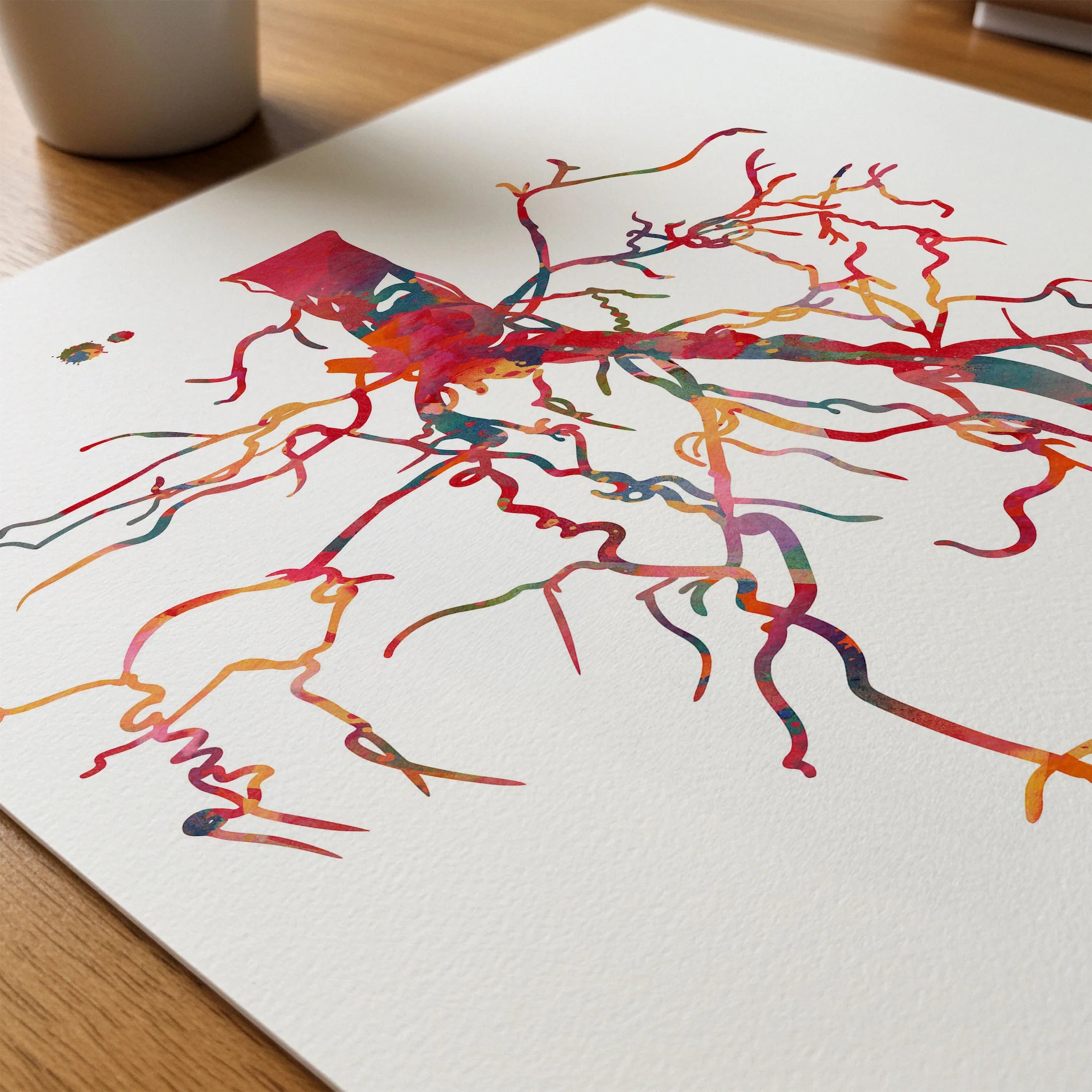 Close-up of aorta angiogram watercolor print showing paper texture and grain