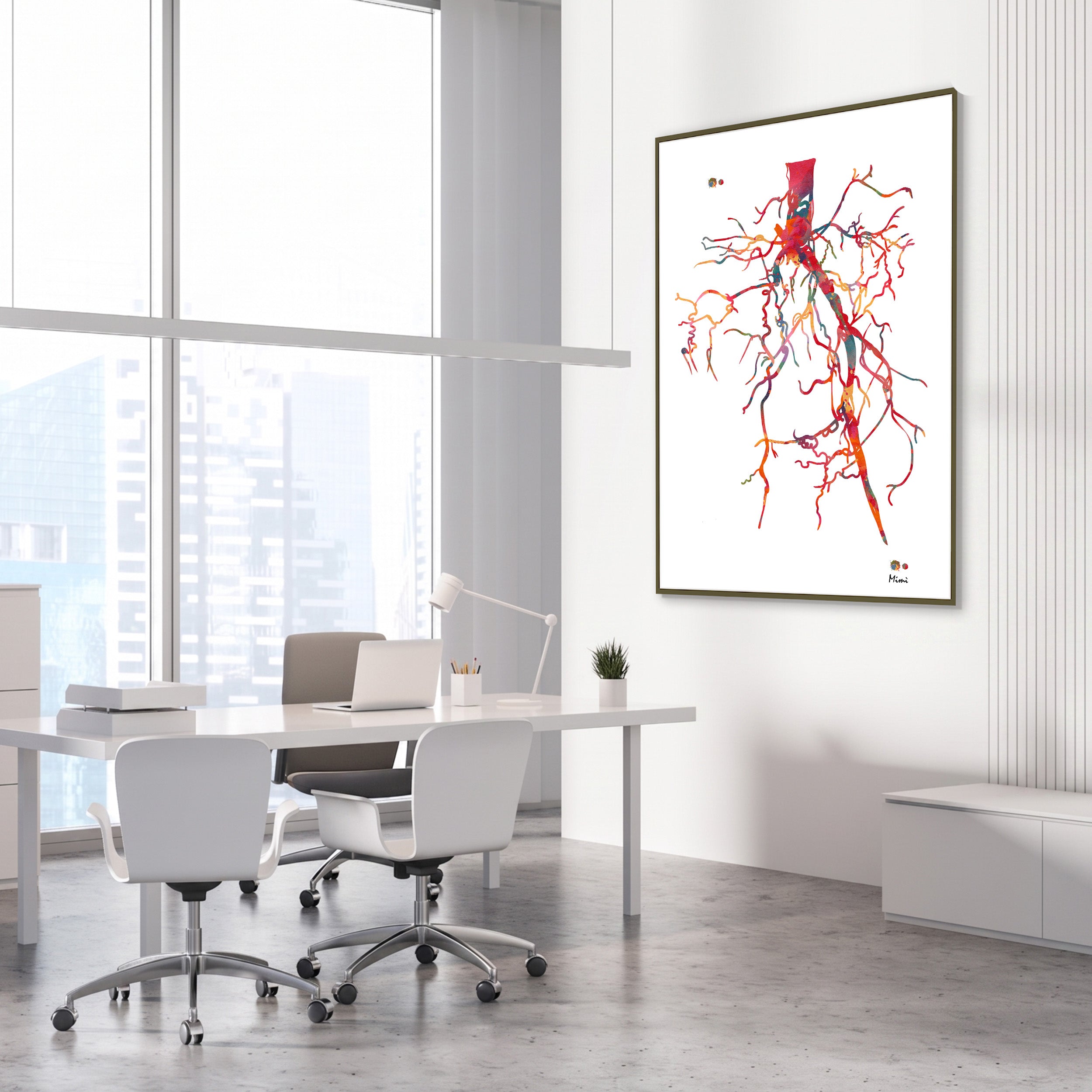 Framed aorta angiogram watercolor print in a vascular clinic