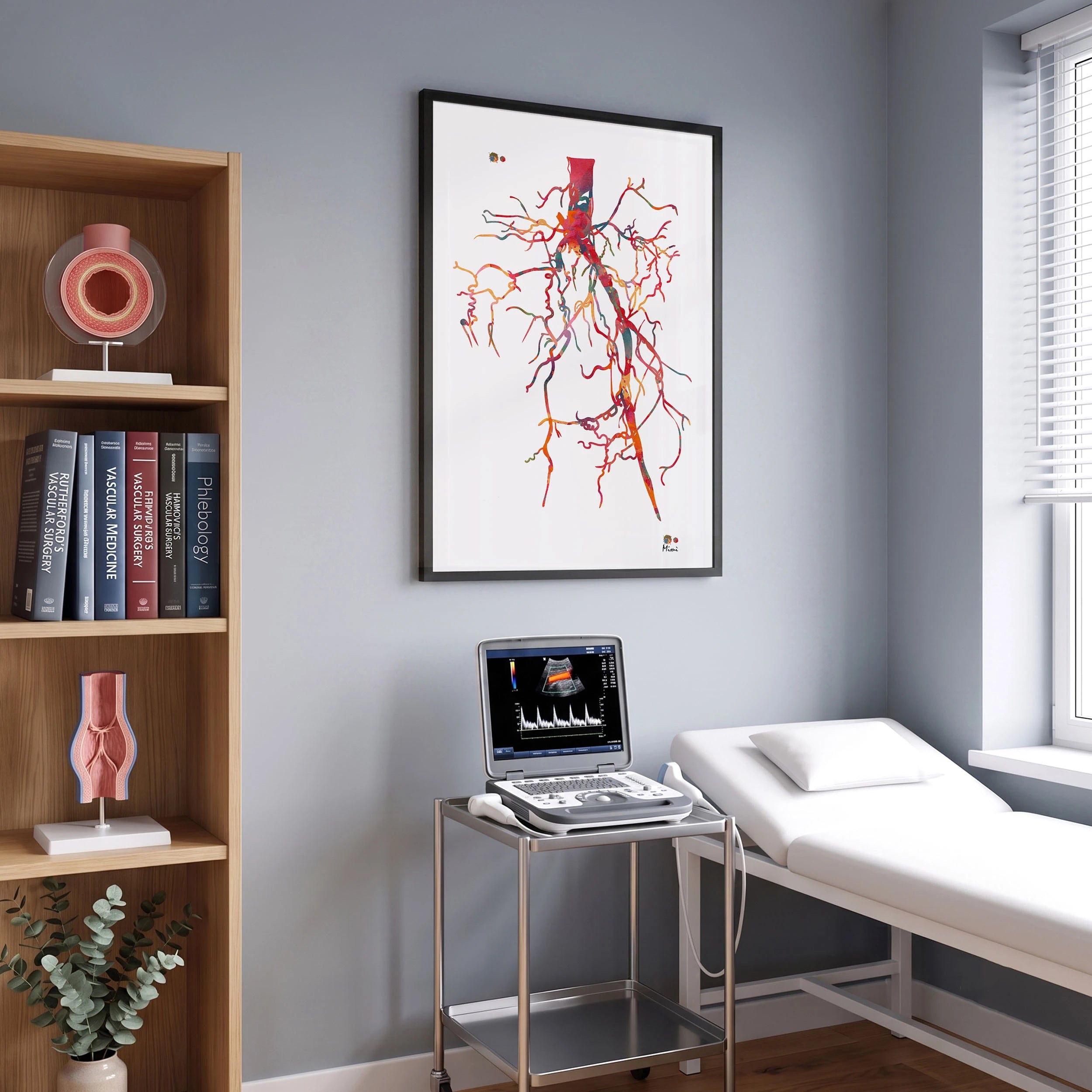 Framed aorta angiogram watercolor print in a vascular clinic