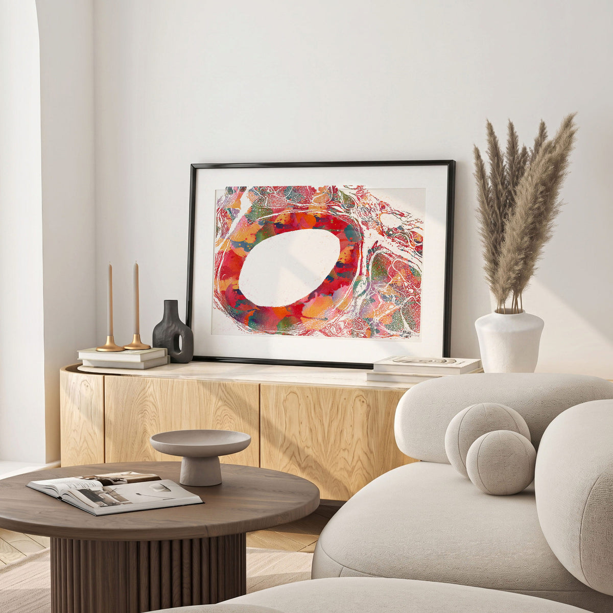 Framed aorta cross-section histology watercolor print in a warm living room