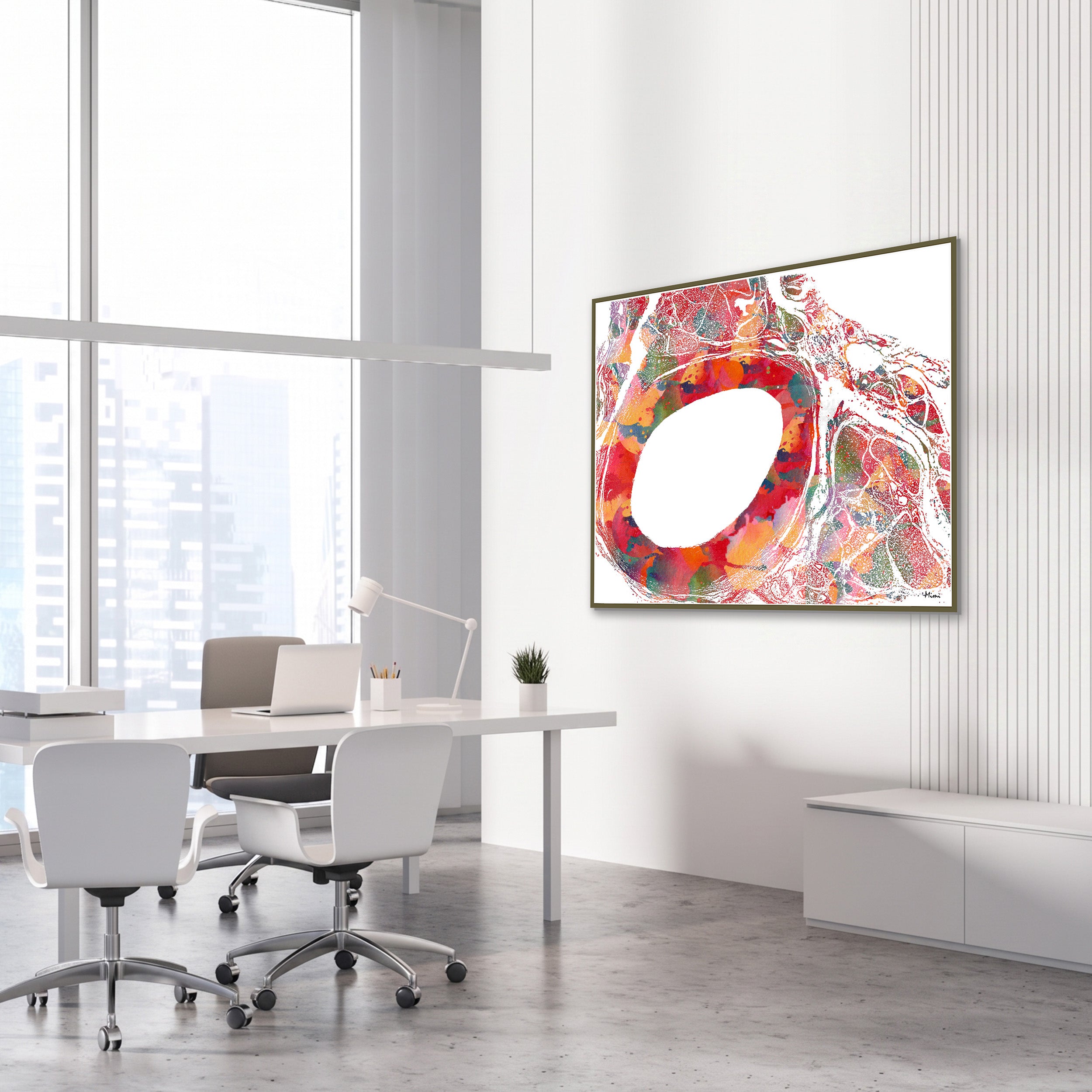 Framed aorta cross-section histology watercolor print in a vascular clinic