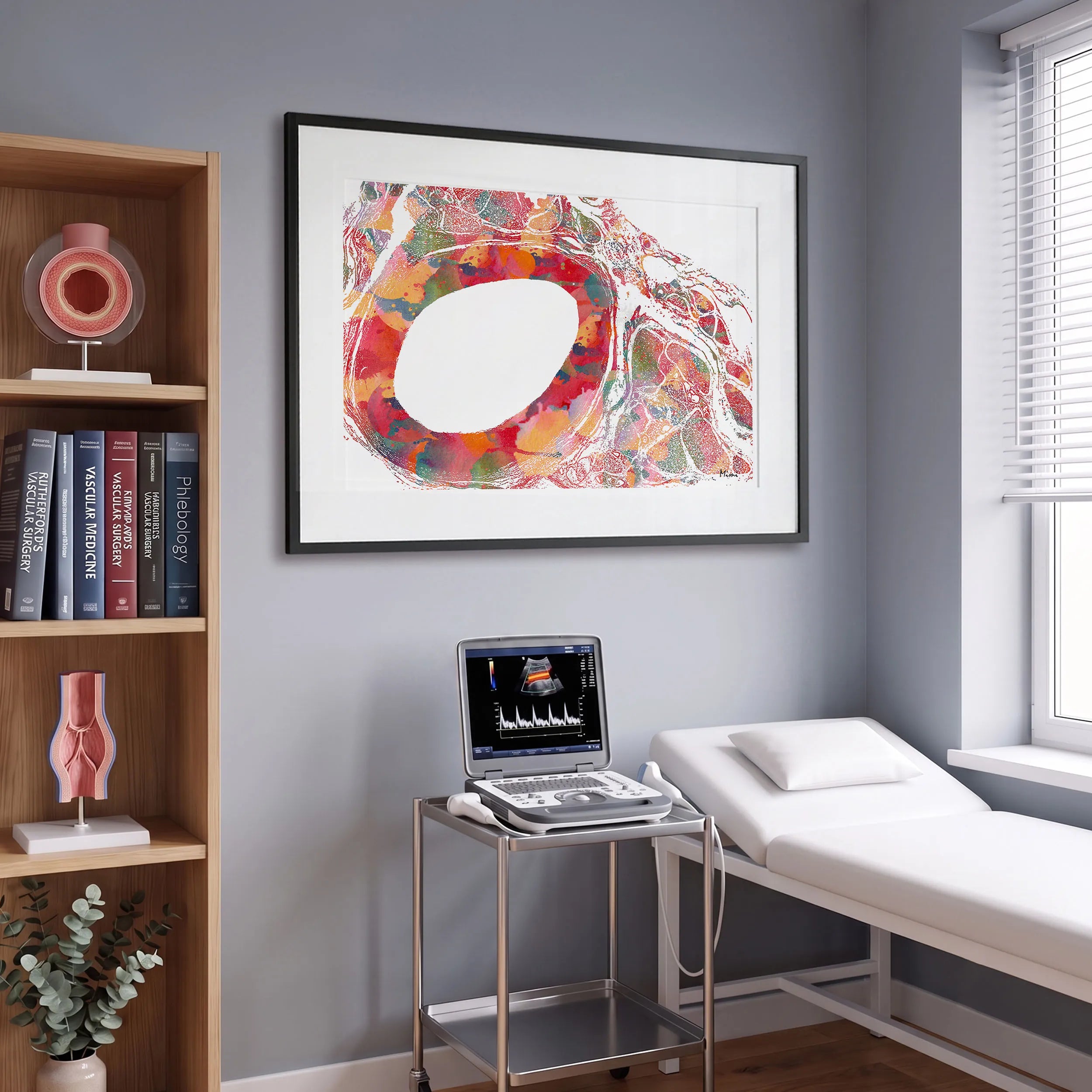 Framed aorta cross-section histology watercolor print in a vascular clinic