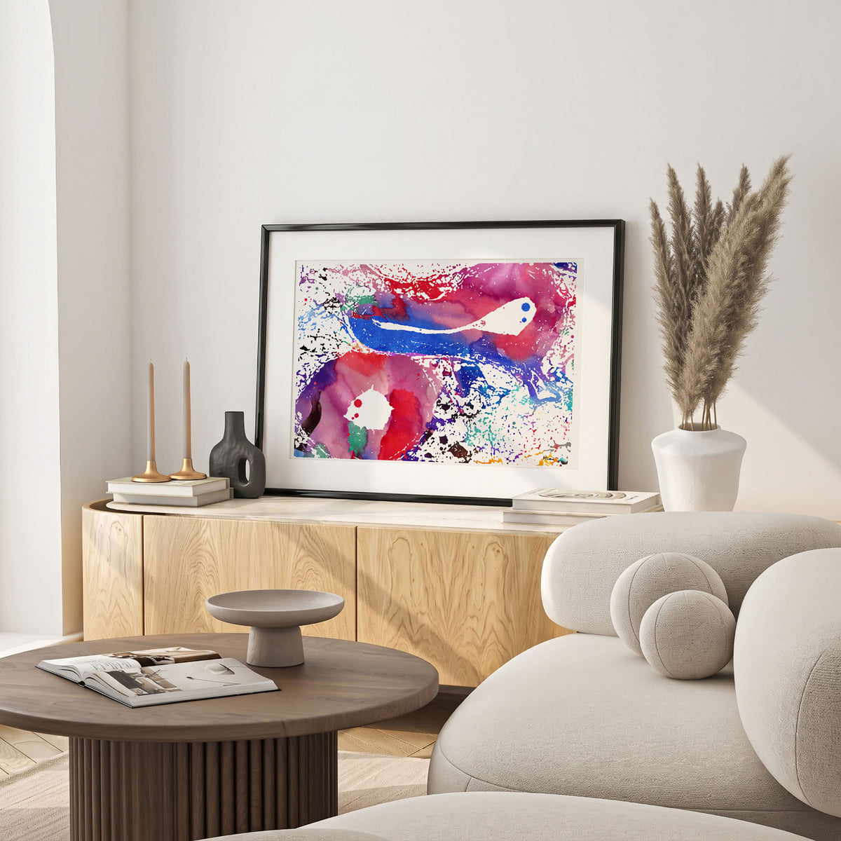 Framed artery and vein cross-section watercolor print in a warm living room