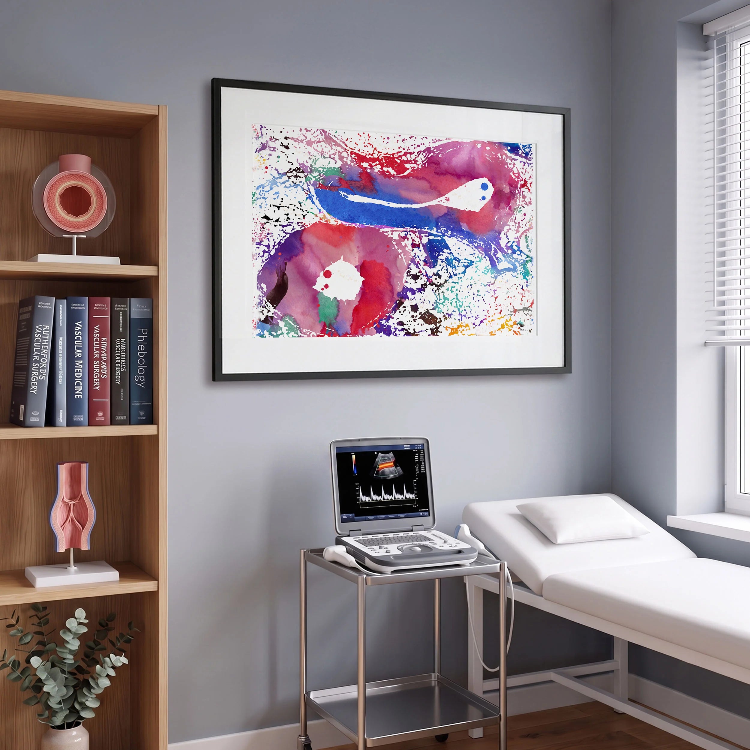 Framed artery and vein cross-section watercolor print in a vascular clinic