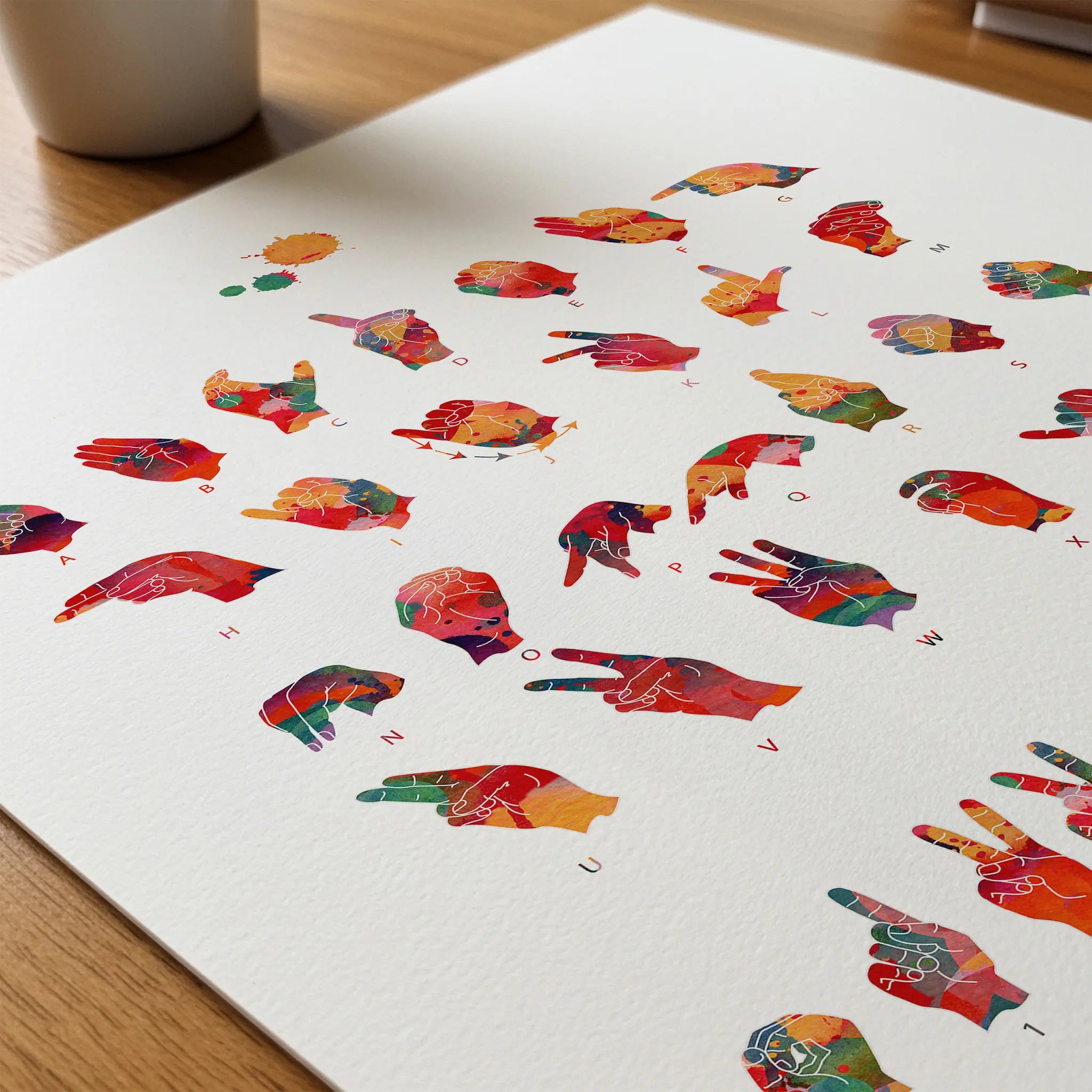 Close-up of asl alphabet watercolor print showing paper texture and grain