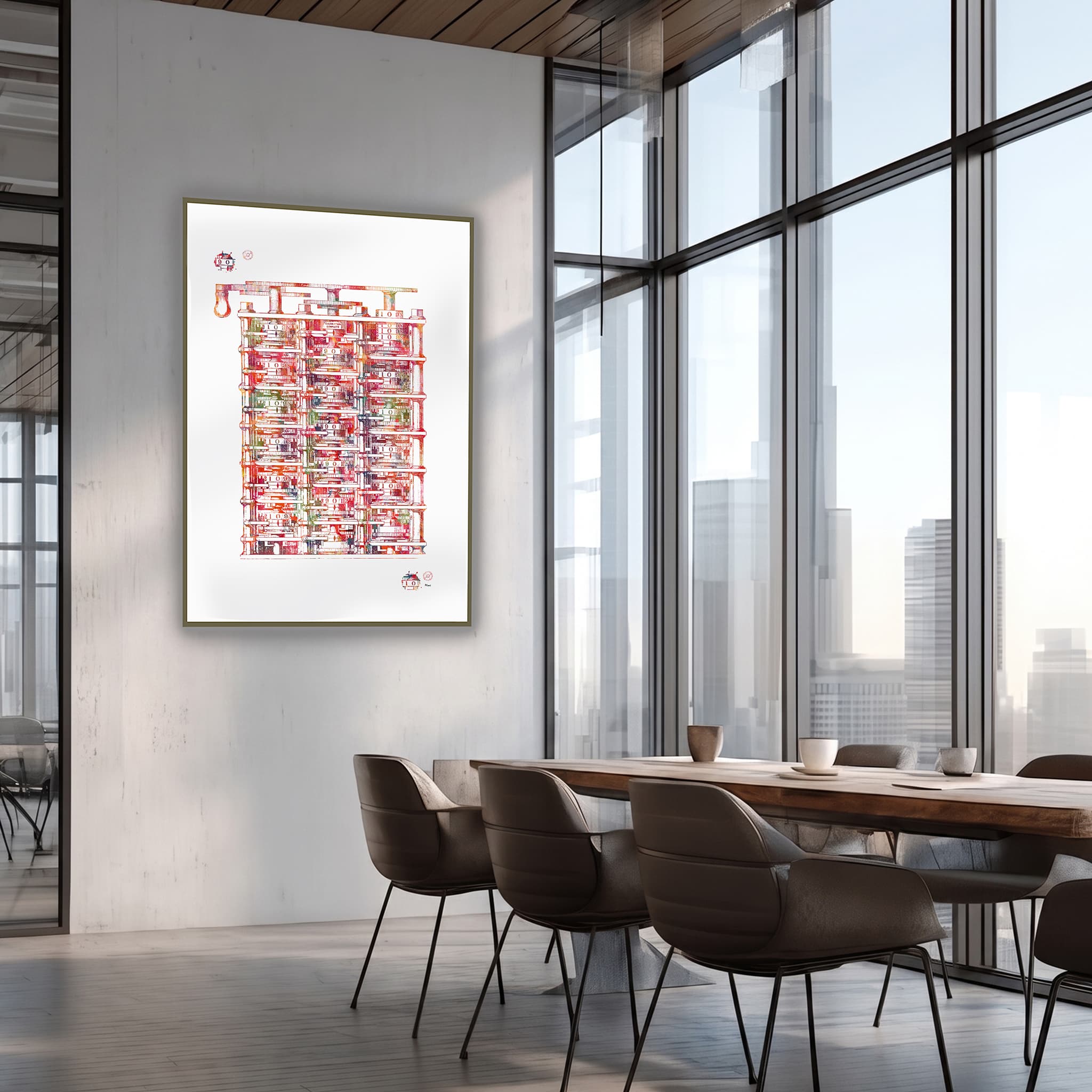 Framed babbage analytical engine watercolor print in a meeting room